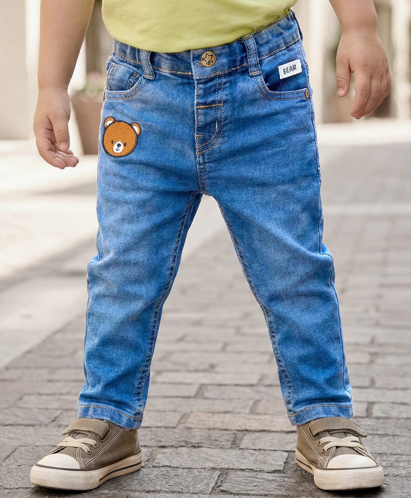 Babyhug Full Length Denim Jeans with Stretch & Bear Embroidery - Blue-picture-28