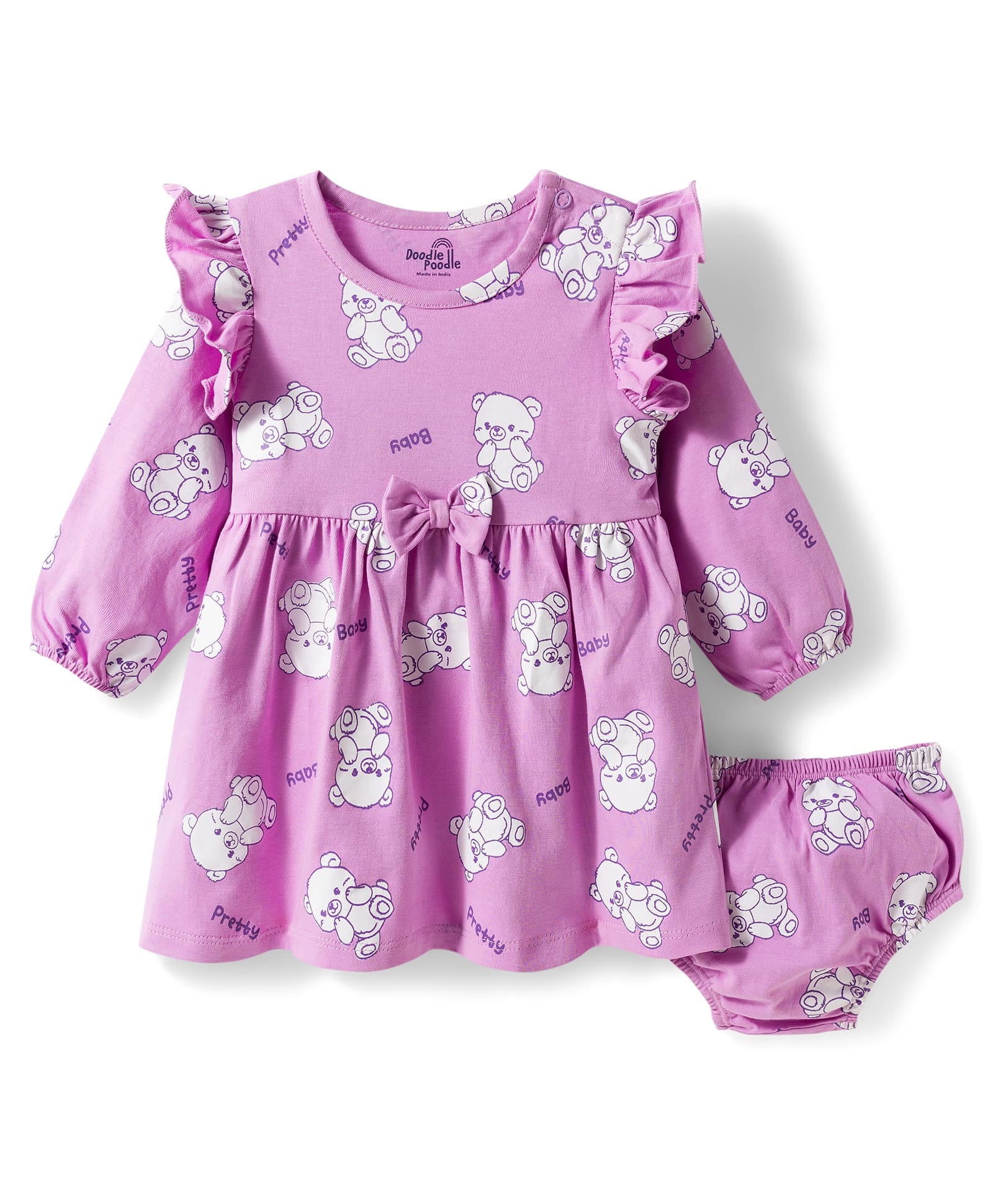 Doodle Poodle 100% Cotton Single Jersey Knit Full Sleeves Bear Printed Frock with Bloomer - Violet-picture-43