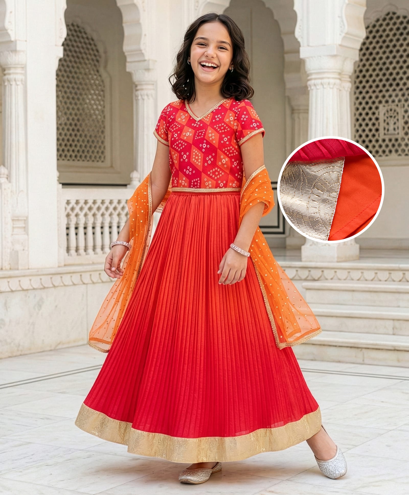 Pine Kids Woven Half Sleeves Printed Choli Lehenga Set with Dupatta - Multicolor-image-6