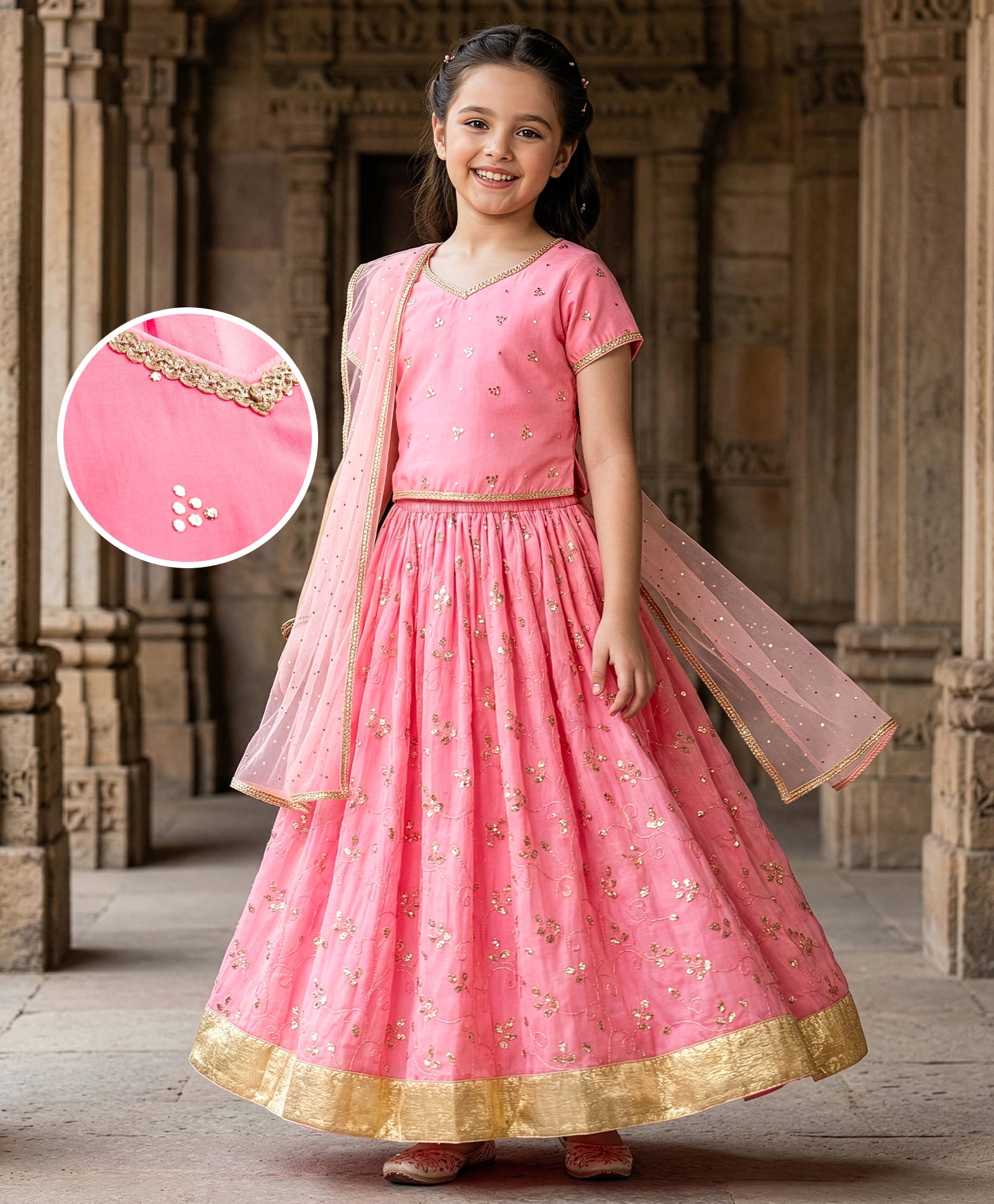 Pine Kids Woven Half Sleeves Choli Lehenga Set with Dupatta & Rhinestone Detailing - Pink