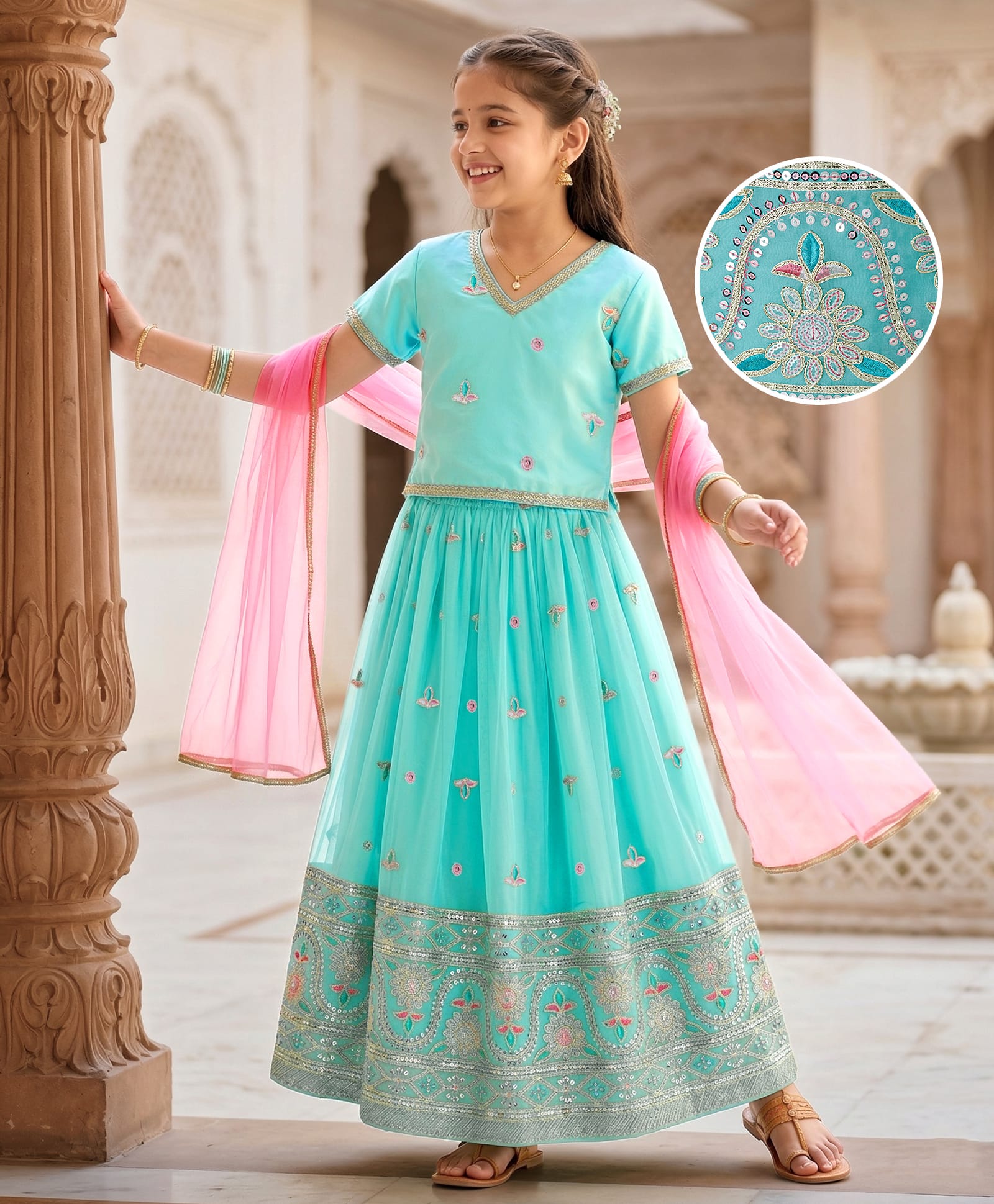 Pine Kids Woven Half Sleeves Choli Lehenga Set with Dupatta Embroidery & Sequin Detailing - Teal Blue-image-16