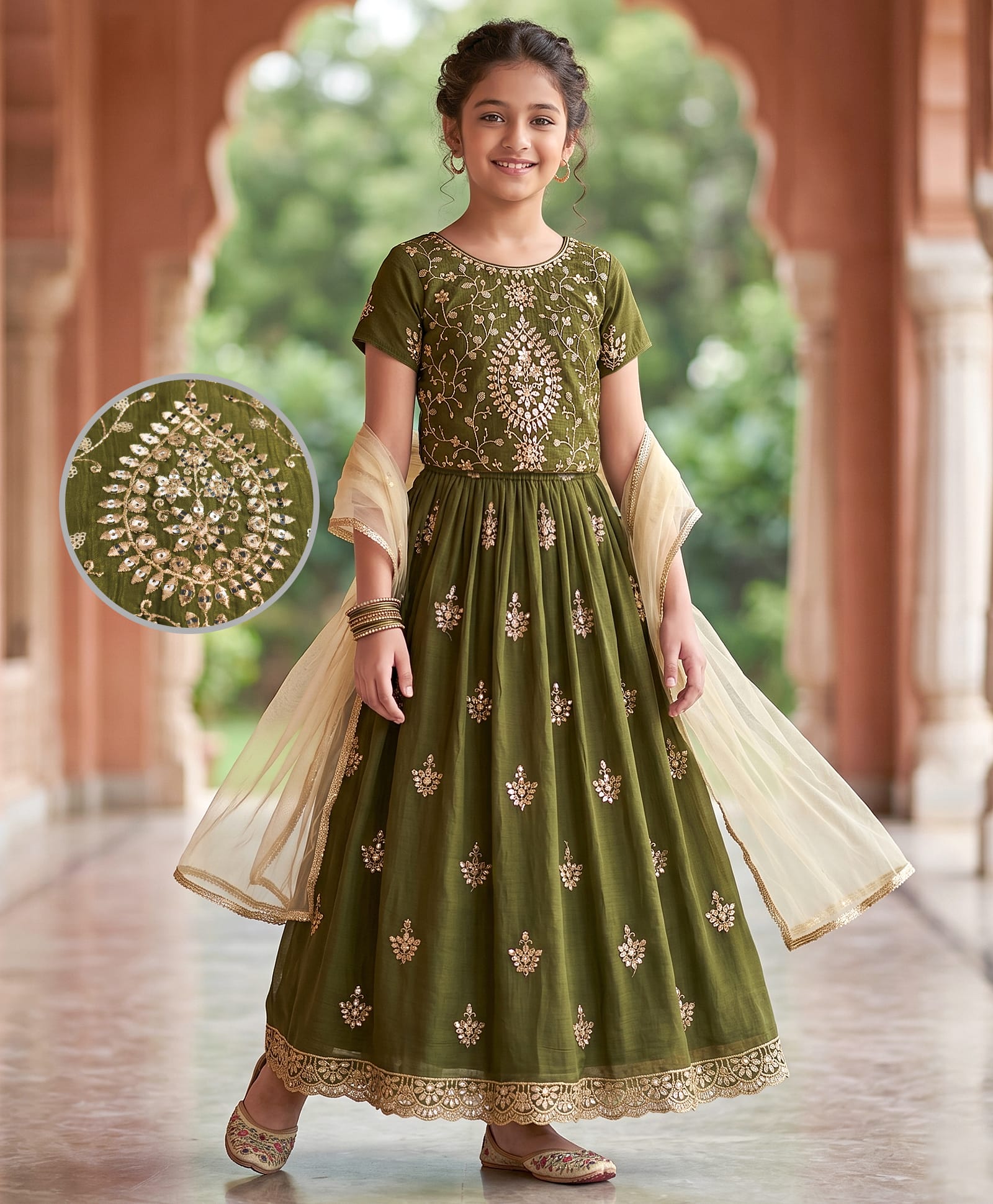 Pine Kids Woven Half Sleeves Lehenga Choli Set With Floral Embroidery & Sequin Detailing & Dupatta - Olive Green-image-11