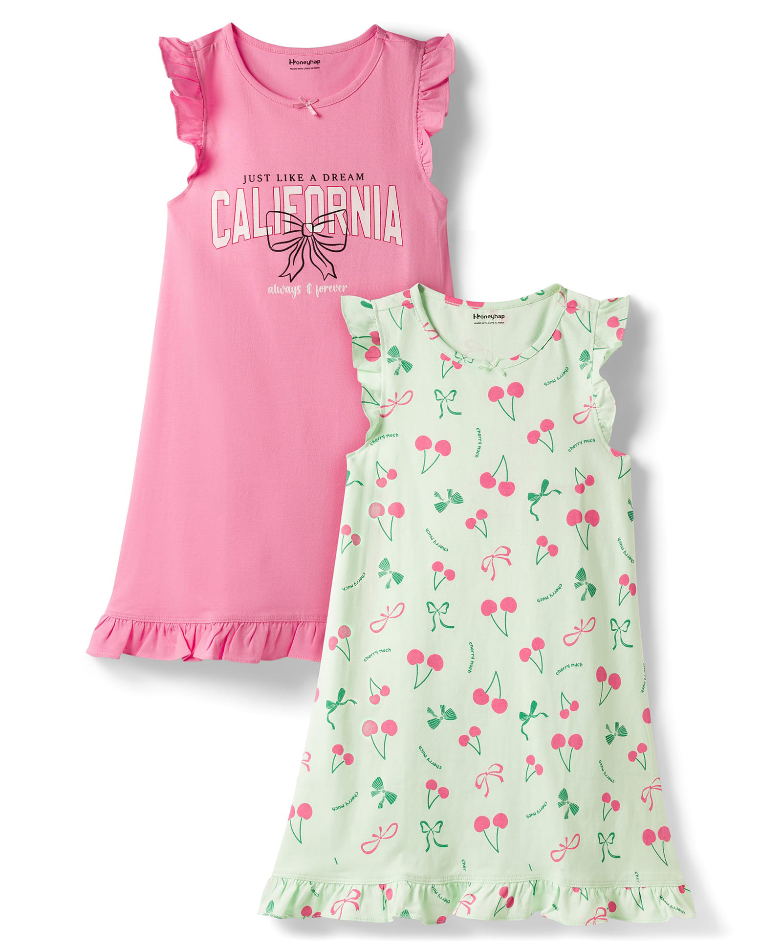 Honeyhap Premium 100% Cotton Knit Frill Sleeves Nighty with Bio Finish & Cherry Print Pack of 2 - Aqua Glass & Prism Pink-image-29