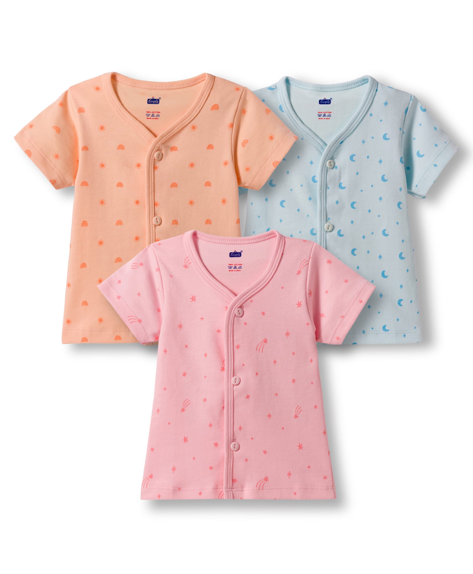 Simply Interlock Knit Half Sleeves Front Open Moon Stars & Rainbow Printed Jhablas Pack Of 3 - Pink Orange & Light Blue-image-33