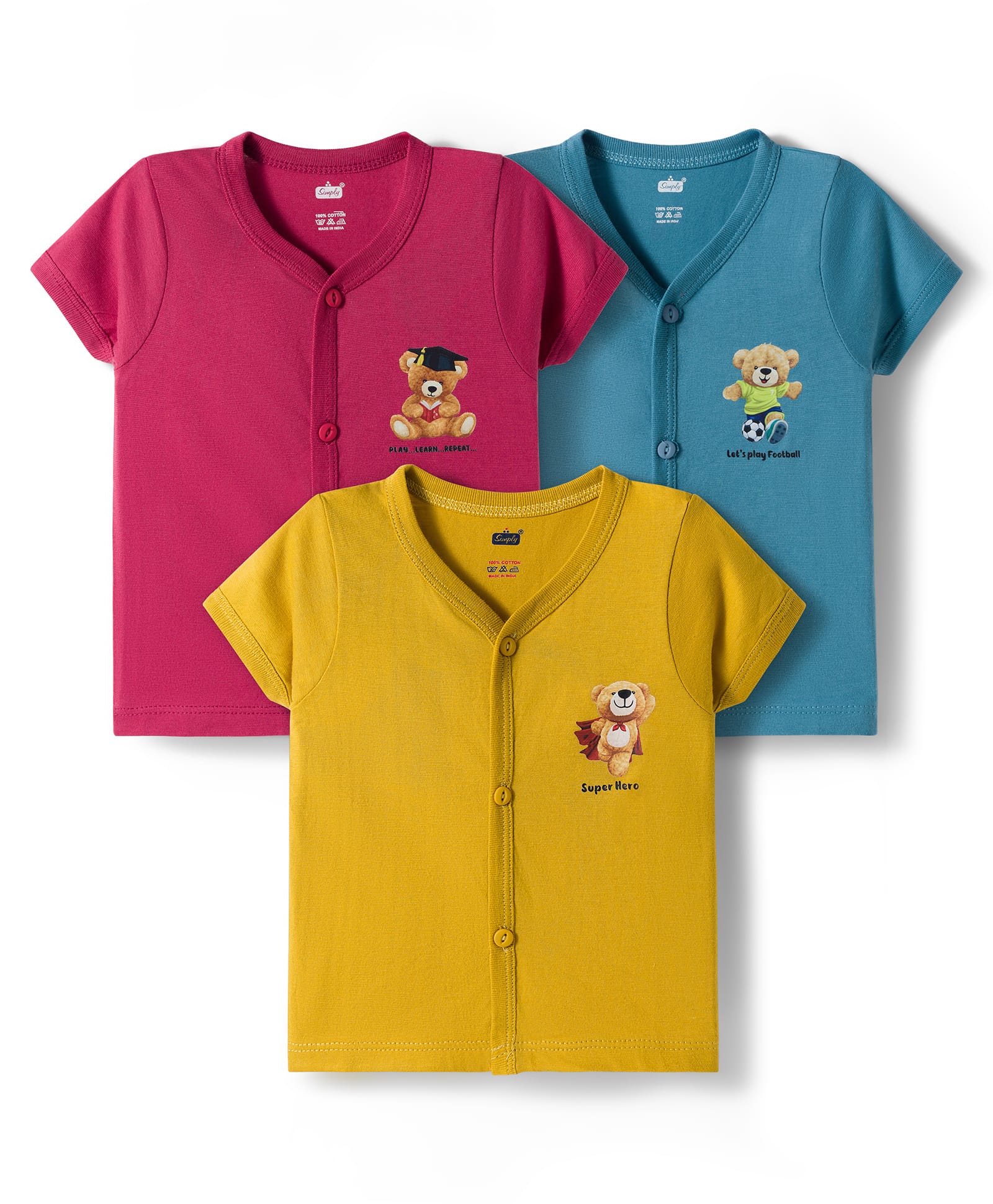 Simply Sinker Knit Half Sleeves Jhablas With Bear Print Pack Of 3 - Mustard Burgundy & Teal Blue-image-43