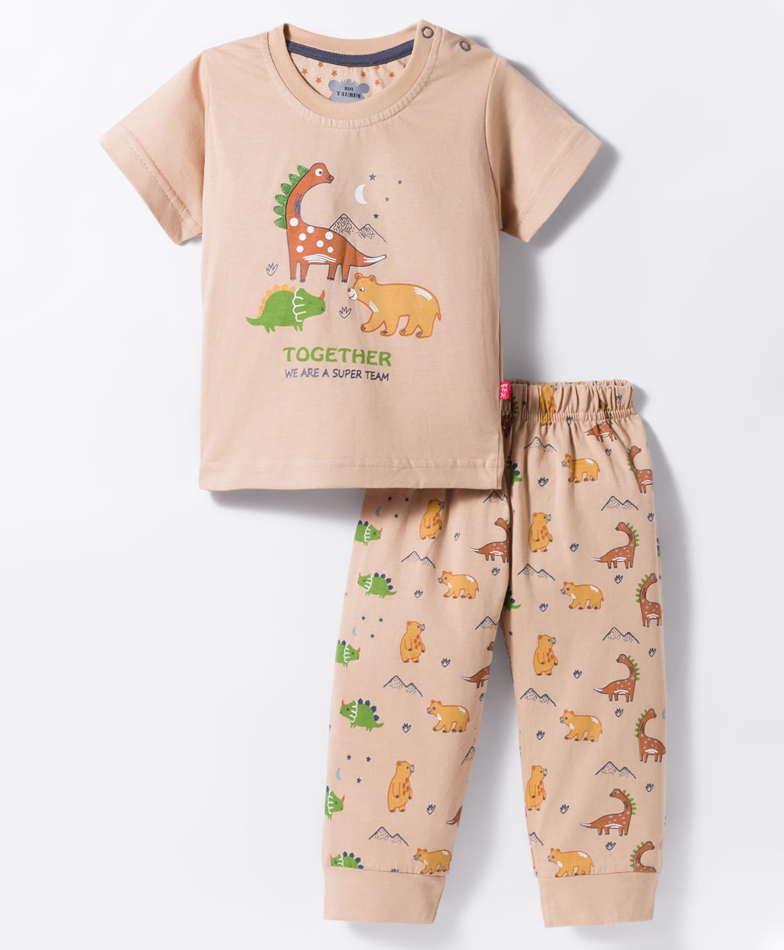 Mini Taurus 100% Cotton Knit Half Sleeves Animal Printed T-Shirt & Pyjama Night Suit - Beige-picture-35