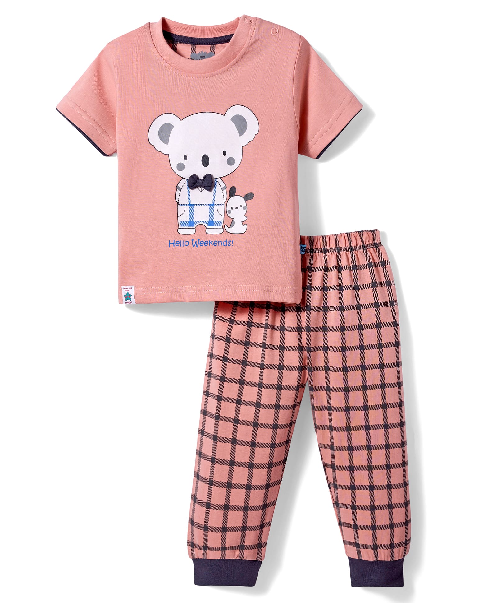 Mini Taurus Sinker Knit Half Sleeves Night Suit With Bear Print - Rust Orange-image-44