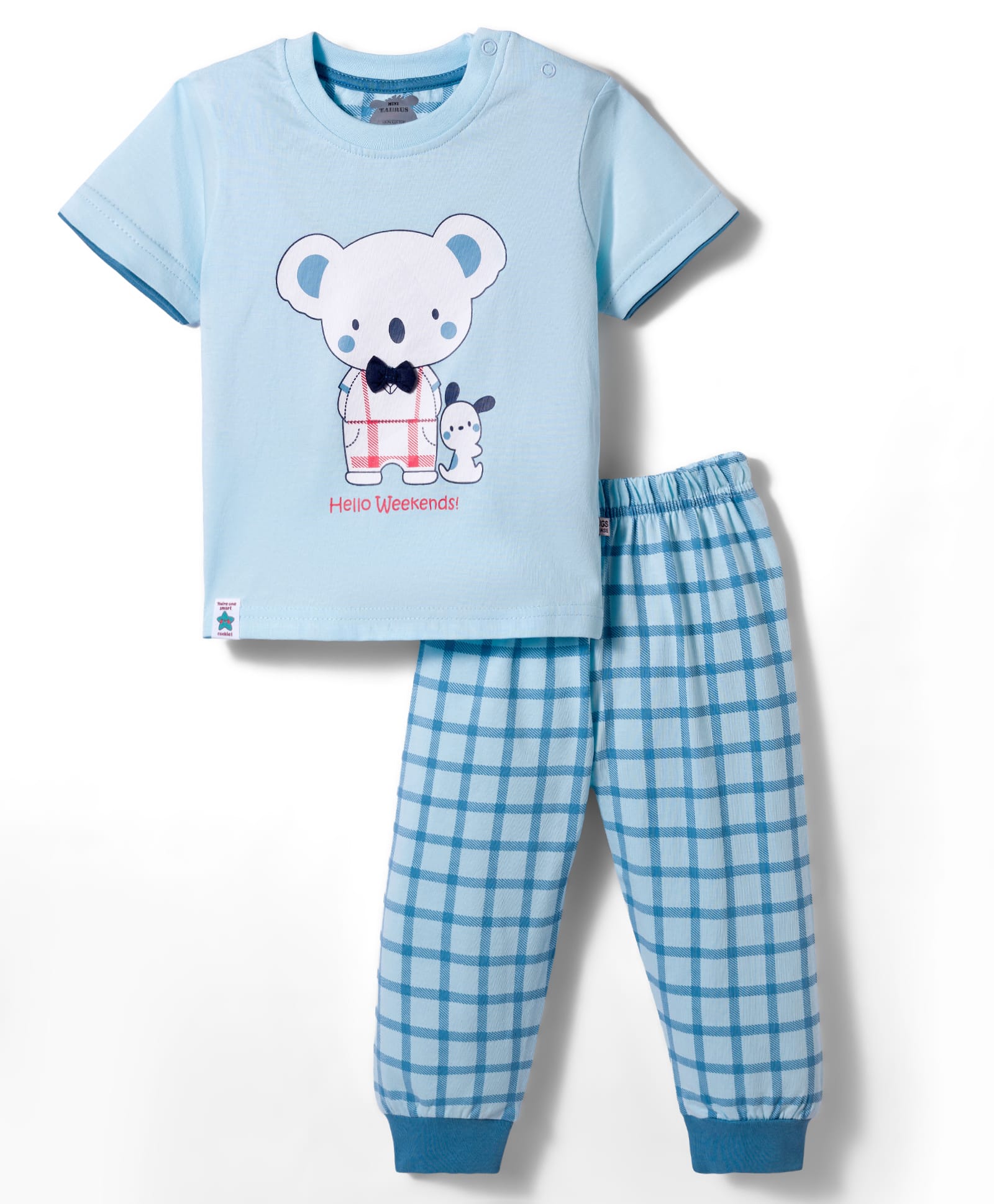 Mini Taurus Sinker Knit Half Sleeves Night Suit With Bear Print - Light Blue-image-22