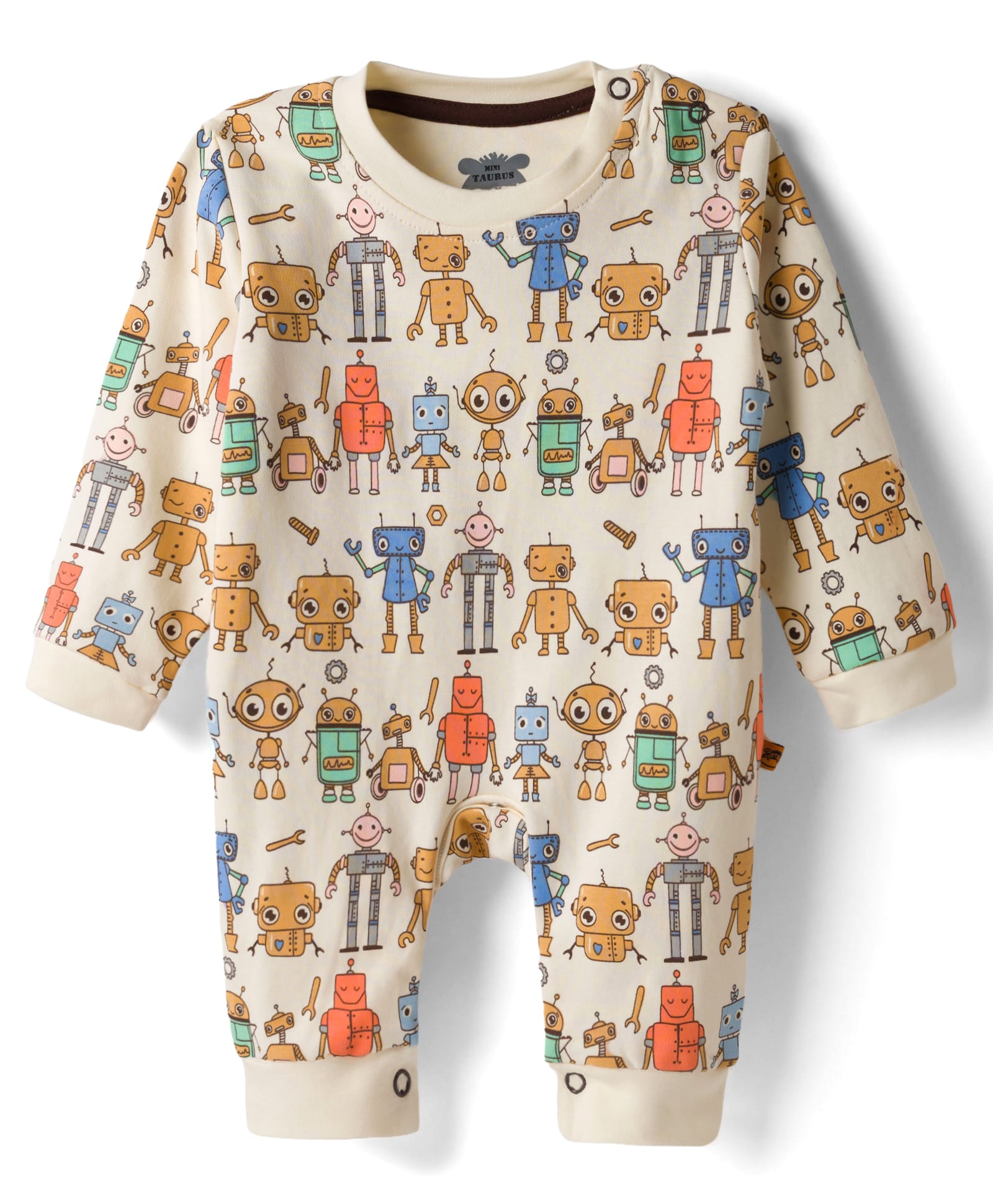 Mini Taurus Interlock Knit Full Sleeves Romper with Robo Print - Tan-picture-24