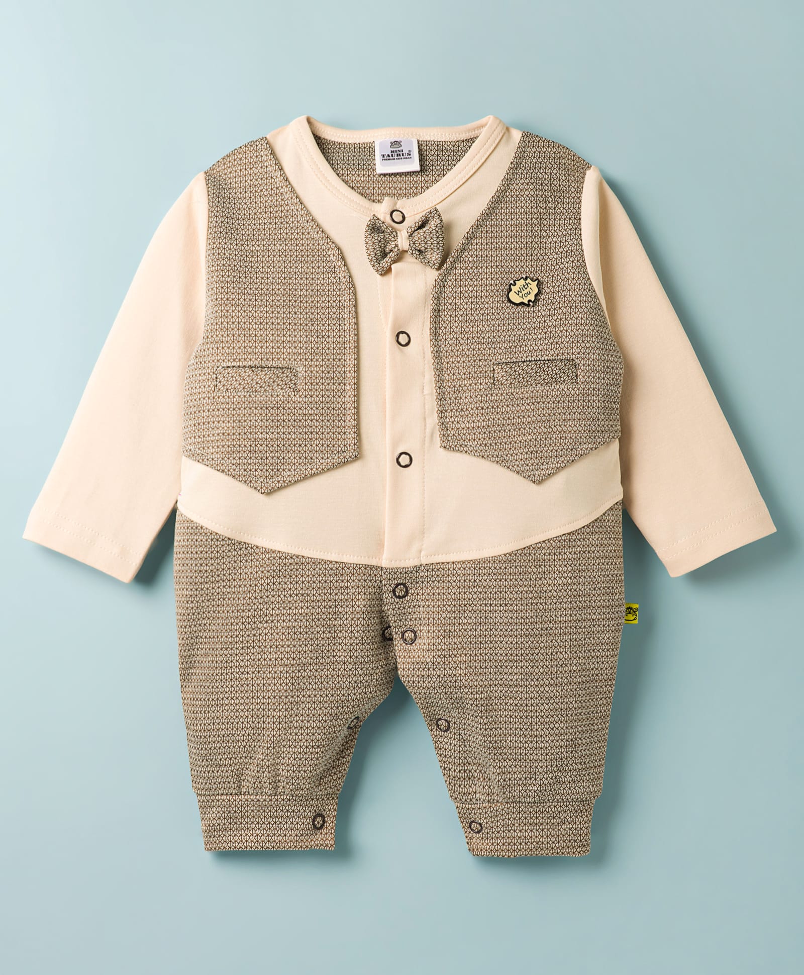 Mini Taurus Interlock Knit Full Sleeves Party Romper with Bow Applique - Brown-picture-33