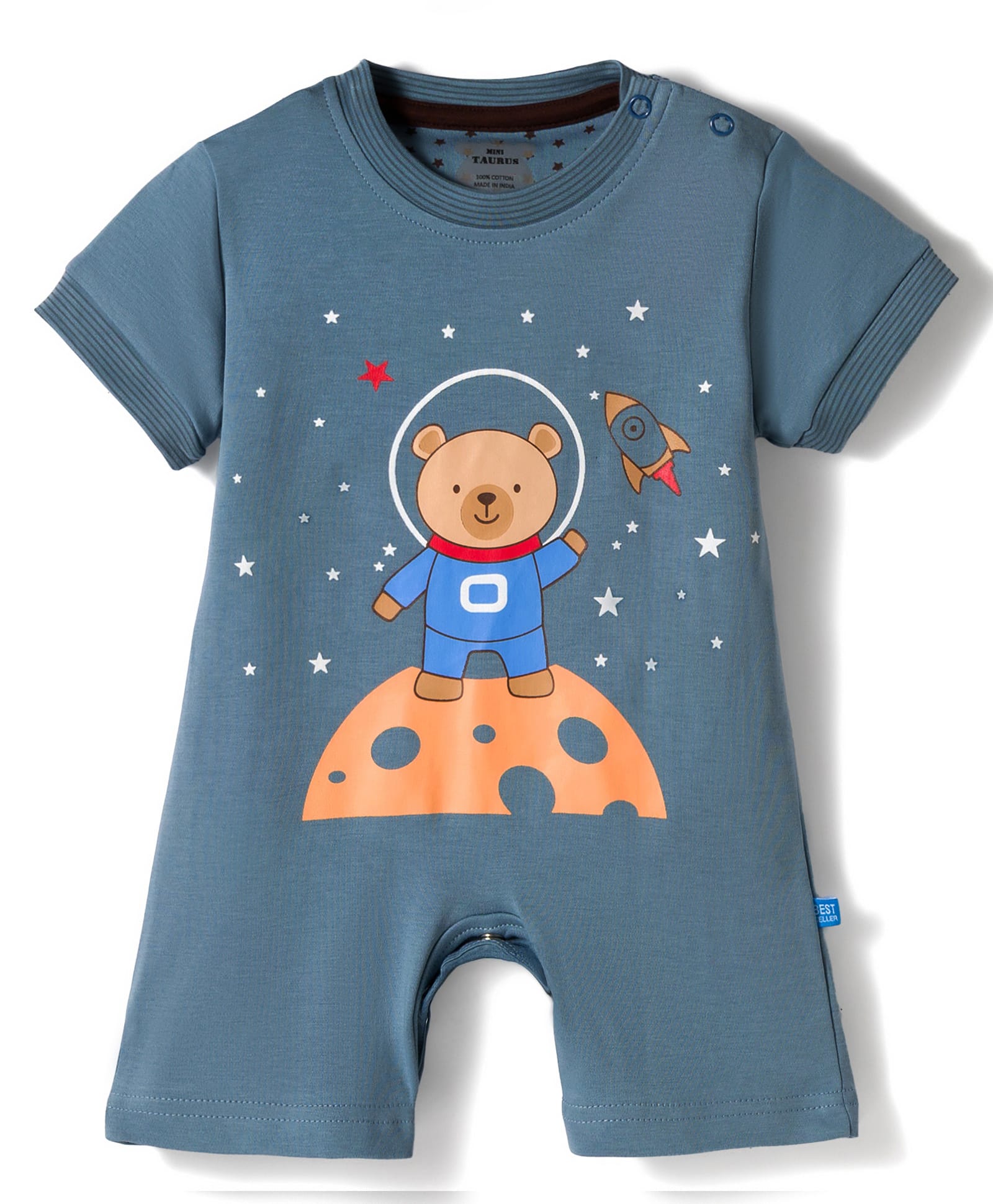Mini Taurus Interlock Knit Half Sleeves Romper With Teddy Astronaut Print - Blue-picture-20