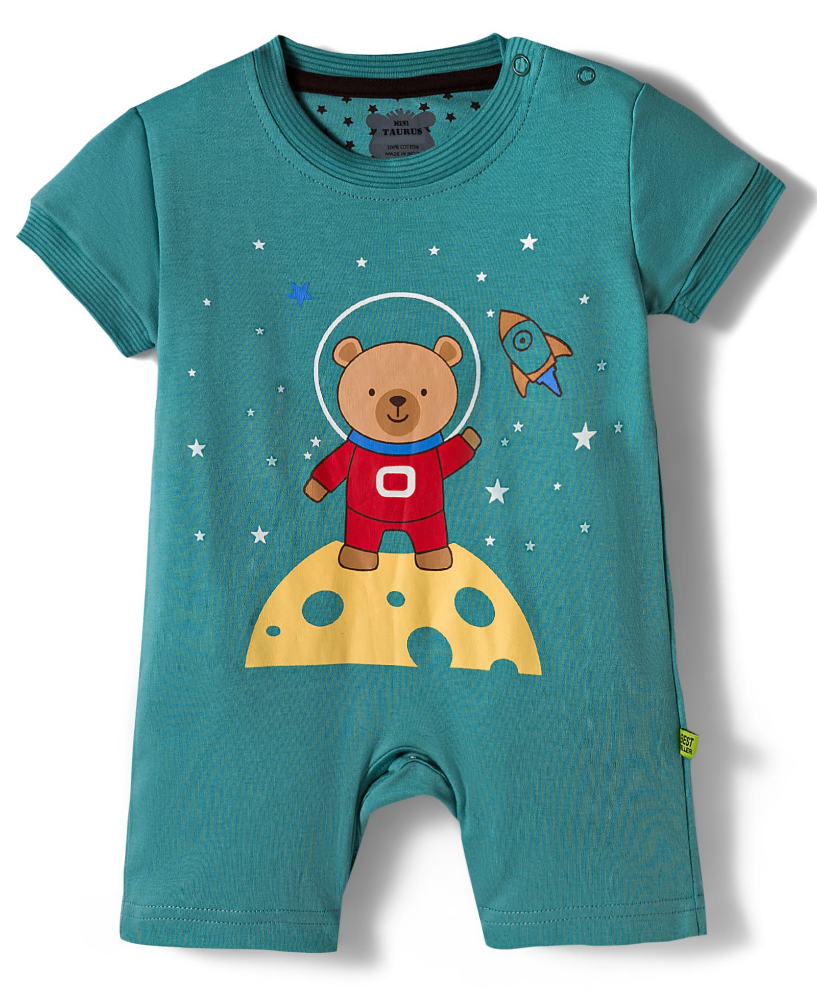 Mini Taurus Interlock Knit Half Sleeves Romper With Teddy Astronaut Print - Mint Green-picture-26