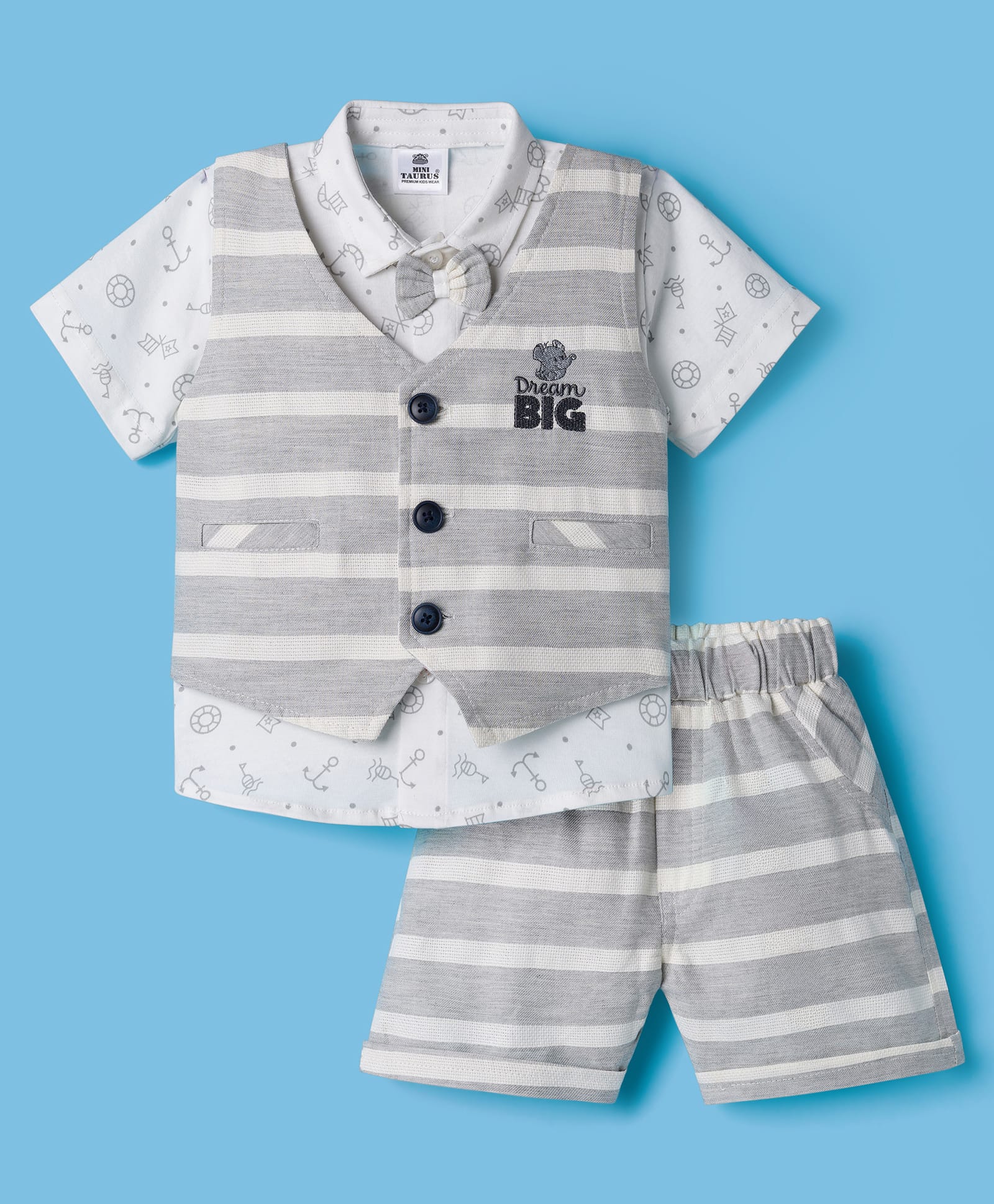 Mini Taurus Interlock Knit Half Sleeves Printed 3 Piece Party Suit With Bow - Light Grey-picture-13