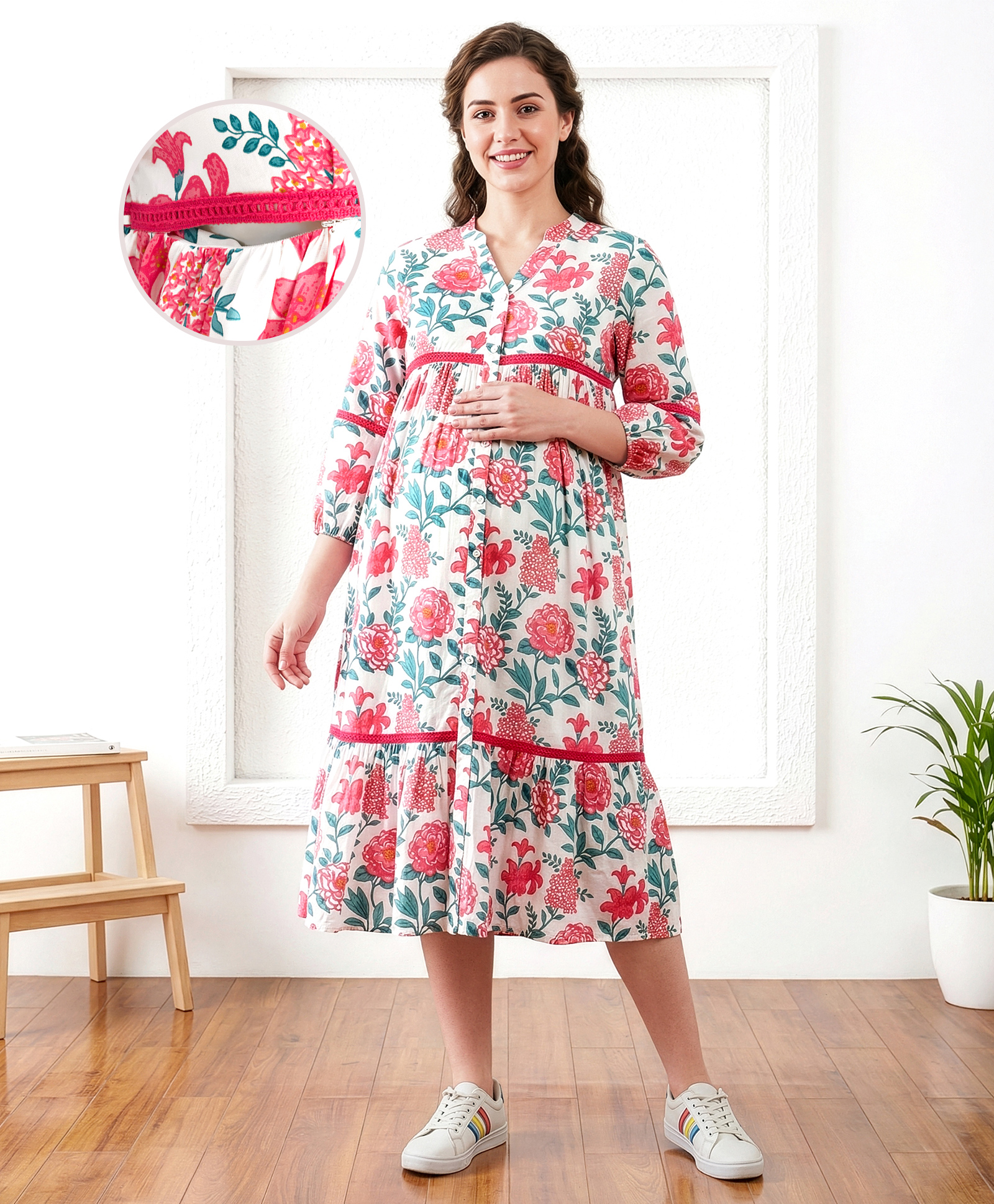 Bella Mama Woven Three Fourth Sleeves Floral Printed Maternity Dress - White-image-22