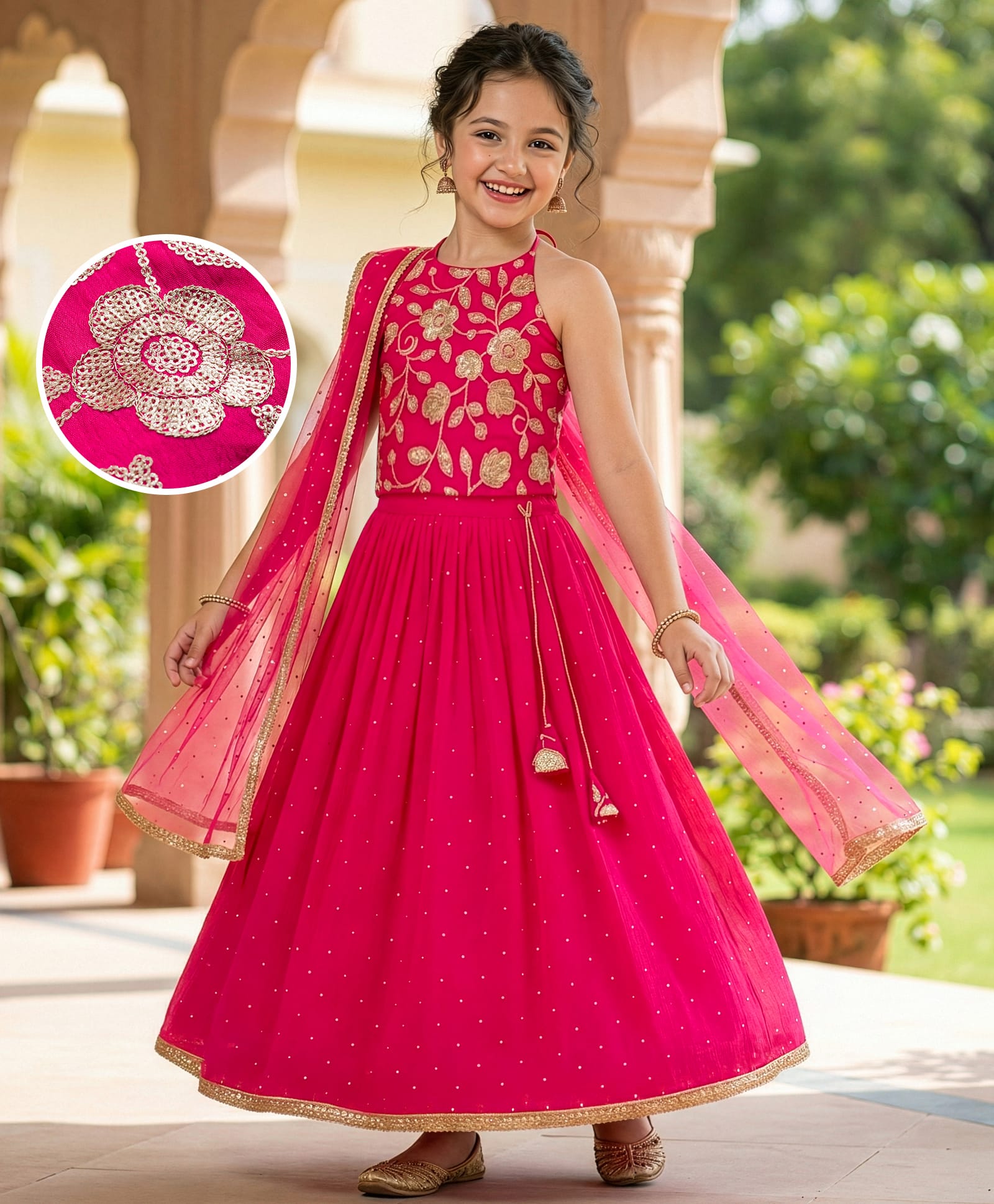 Pine Kids Woven Sleeveless Choli Lehenga Set Dupatta Floral Sequin Detailing - Dark Pink