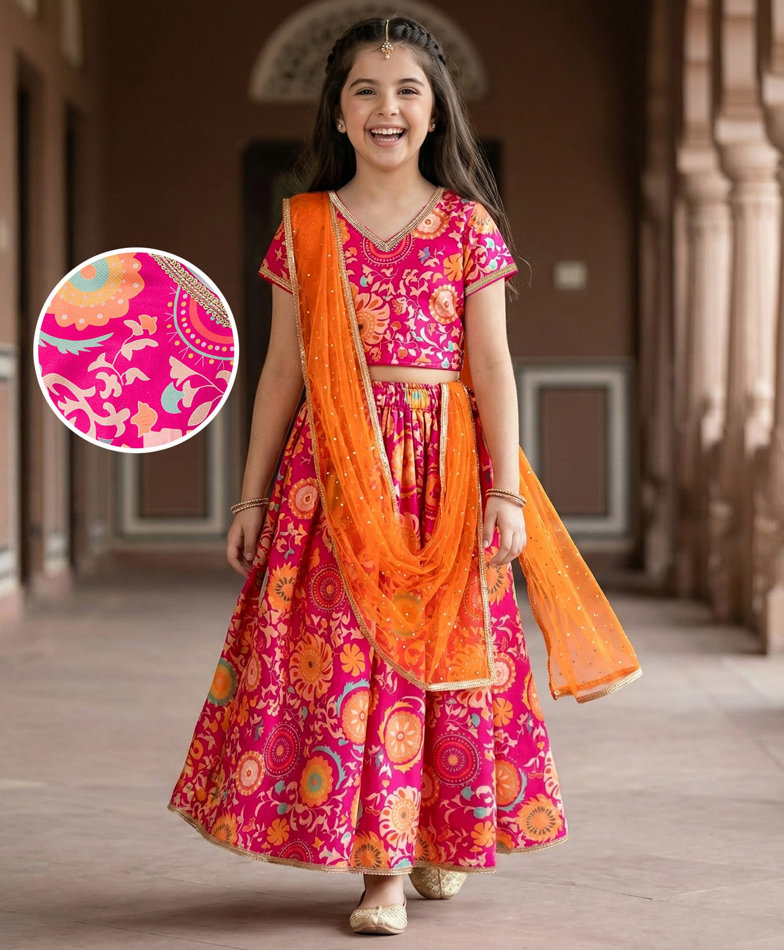 Pine Kids Woven Half Sleeves Lehenga Choli Set With Floral Print & Dupatta - Dark Pink-picture-22
