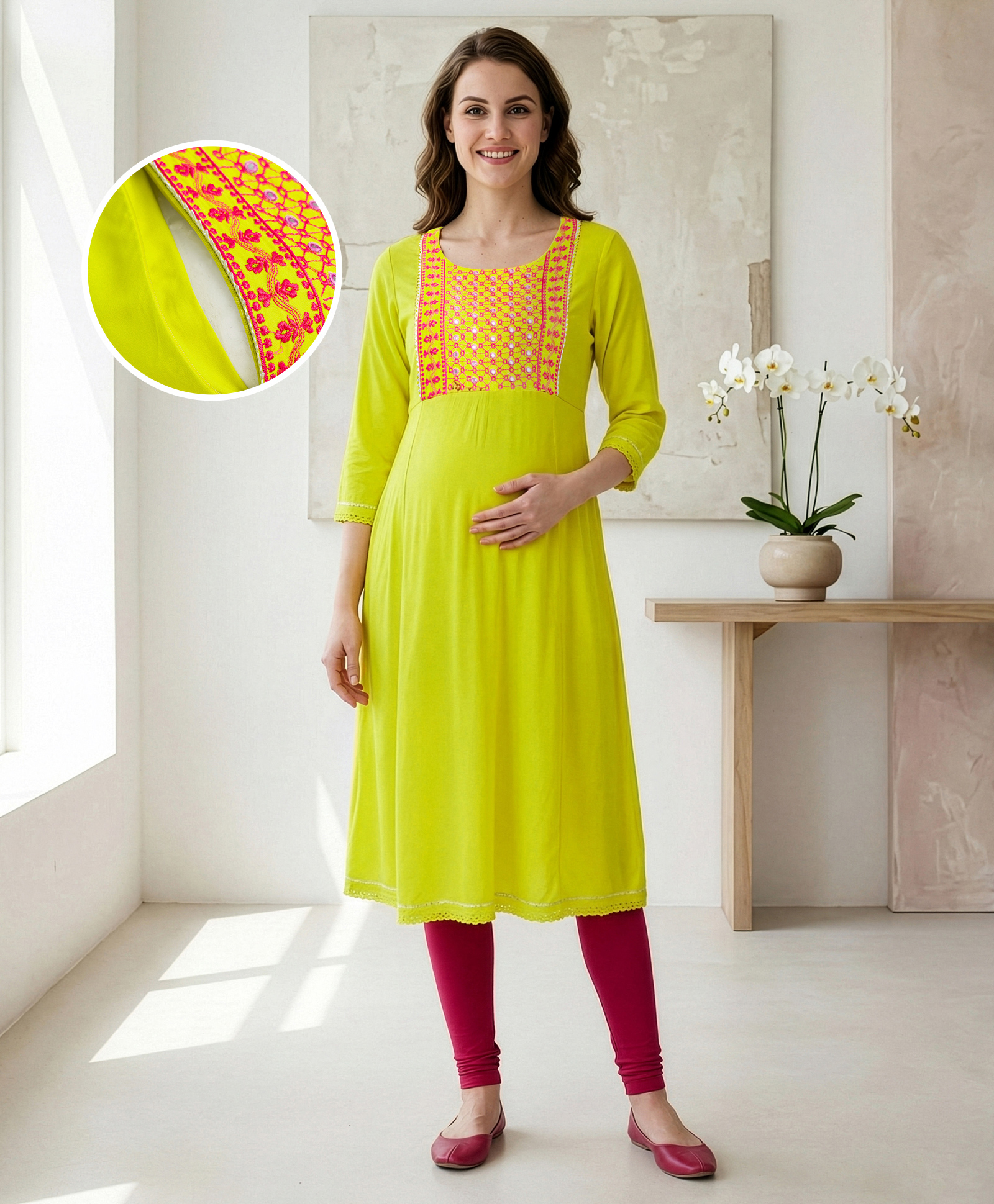 Bella Mama Woven Three Fourth Sleeves Maternity Kurta With Floral Embroidered Yoke - Lime Green-image-19