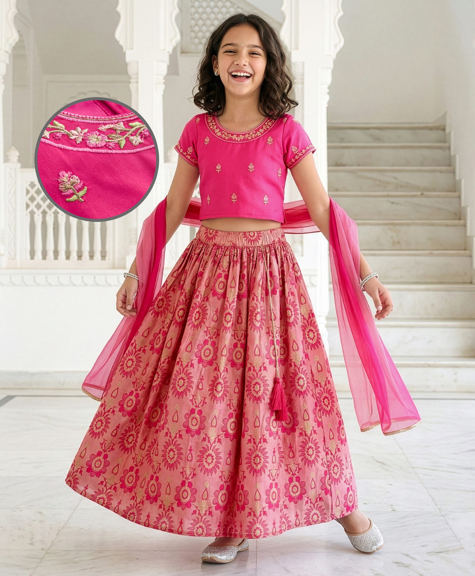 Pine Kids Woven Half Sleeves Floral Printed & Embroidered Choli Lehenga Set with Dupatta - Pink-picture-35