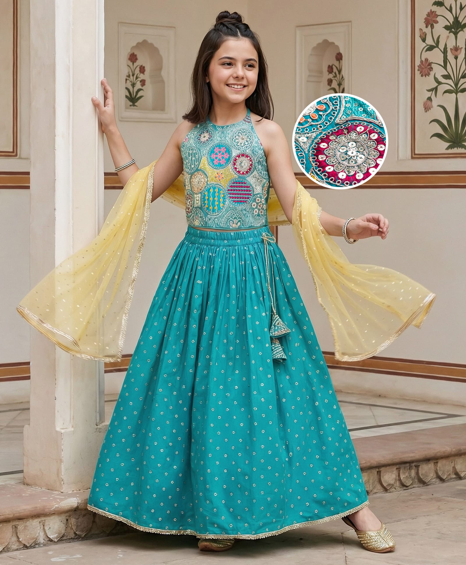 Pine Kids Woven Sleeveless Lehenga Choli Set With Sequin Detailing & Dupatta - Teal Blue-image-11