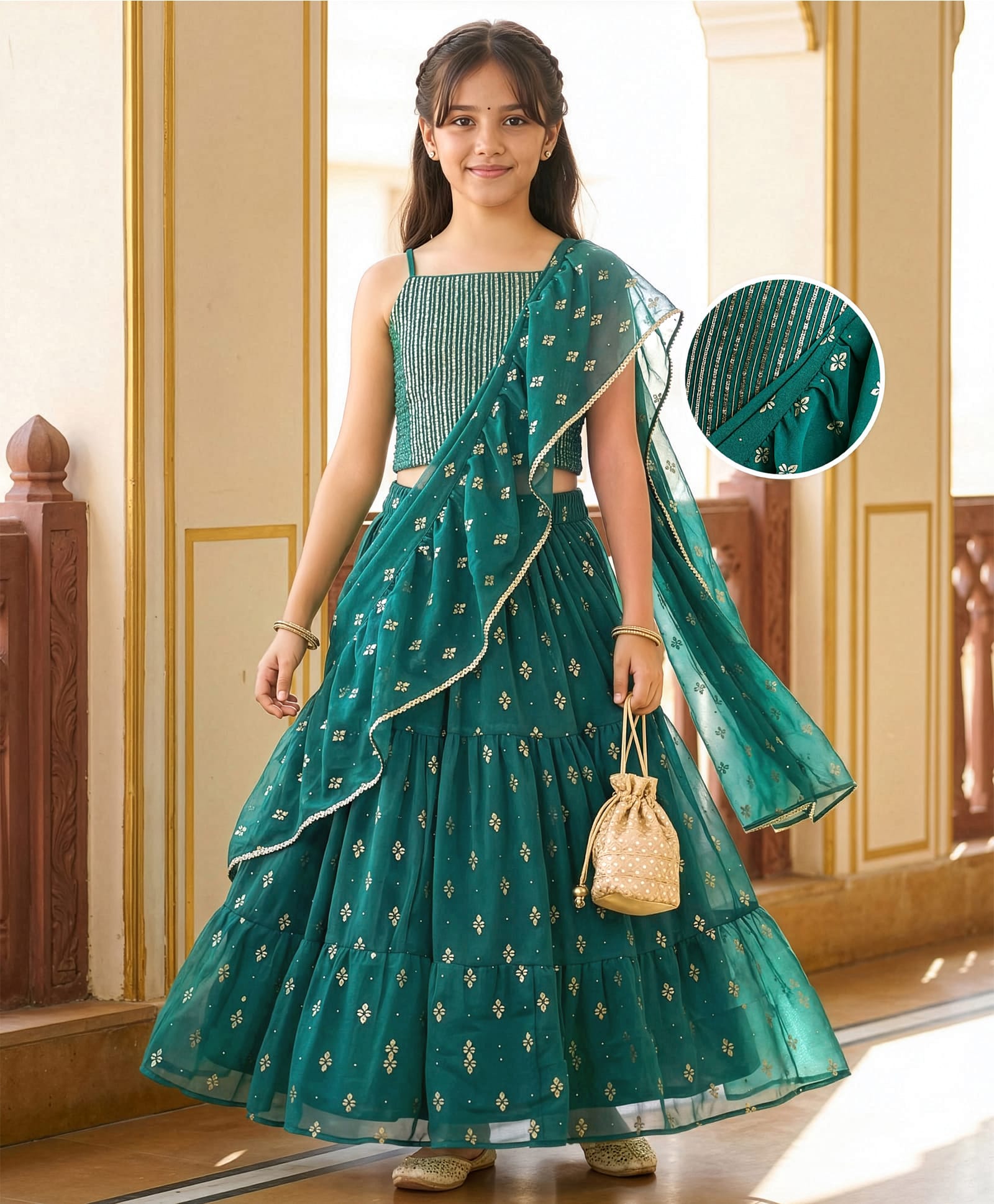 Pine Kids Woven Sleeveless Choli Lehenga Set with Dupatta Embroidery & Sequin Detailing - Teal Blue-image-6