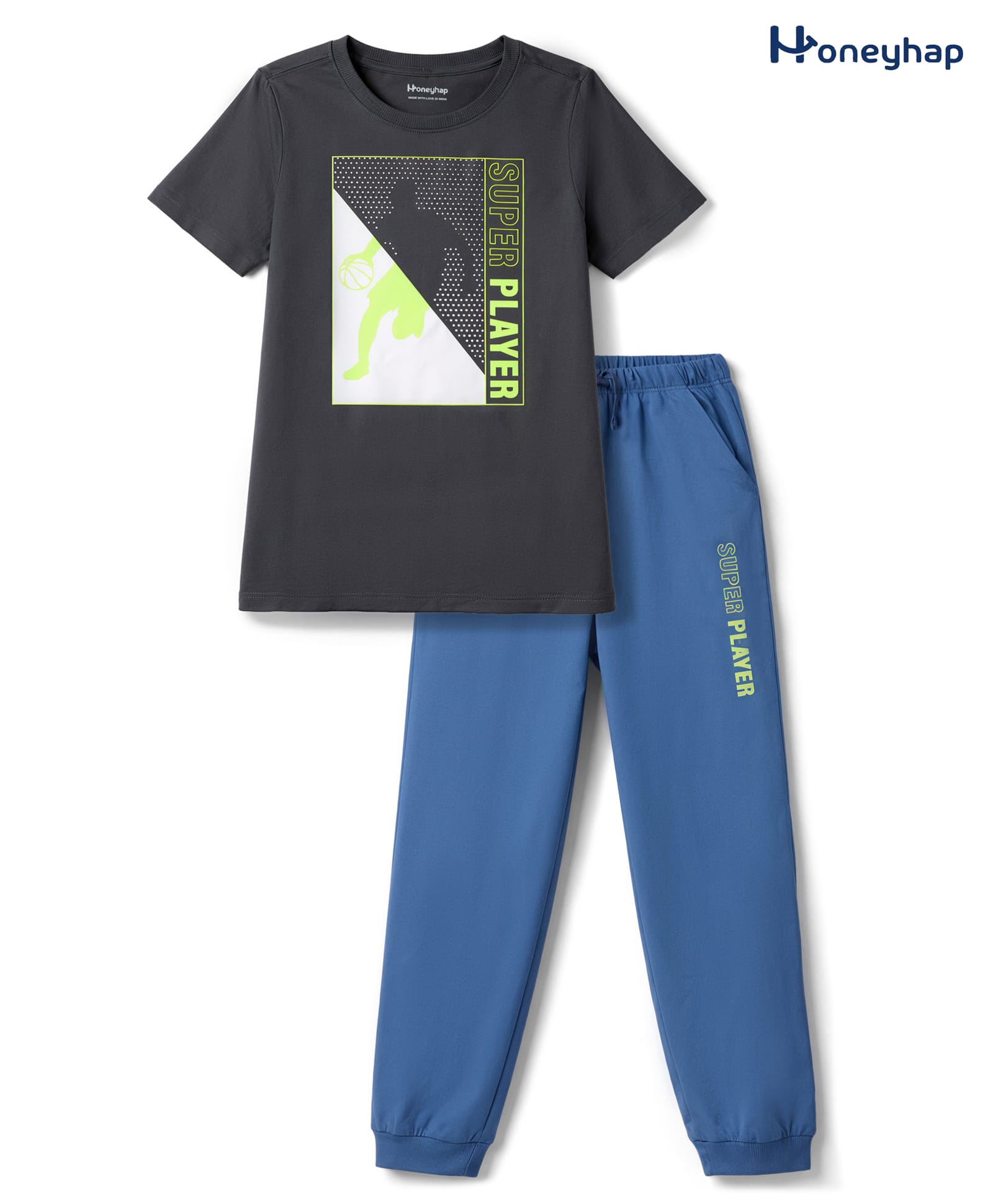 Honeyhap Premium 100% Cotton with Bio Finish Half Sleeves T-Shirt & Pyjama Night Suit with Basketball Print - Thunderstorm & Riveria-image-12