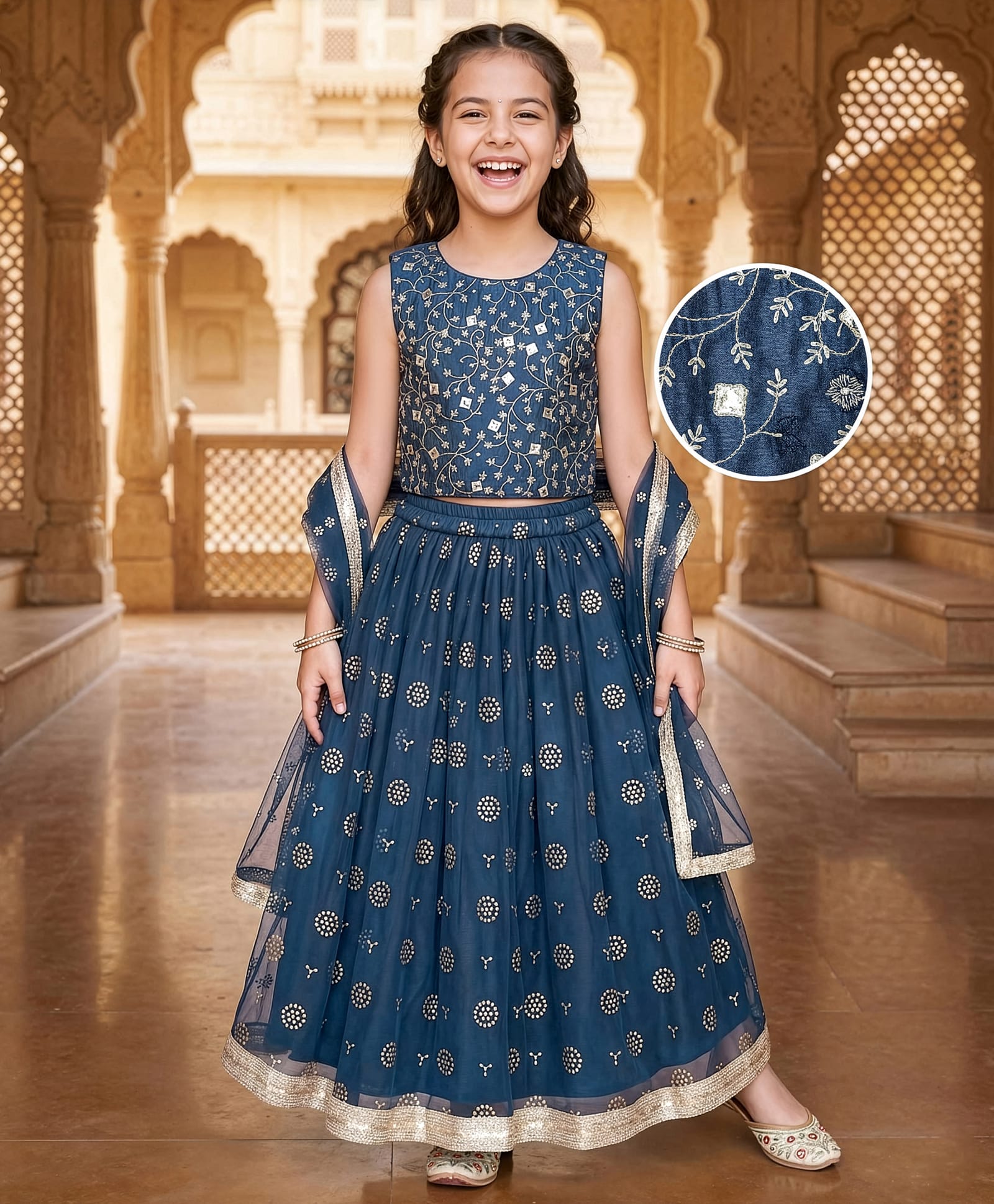 Pine Kids Woven Sleeveless Lehenga Choli Set With Floral Embroidery & Dupatta - Navy Blue