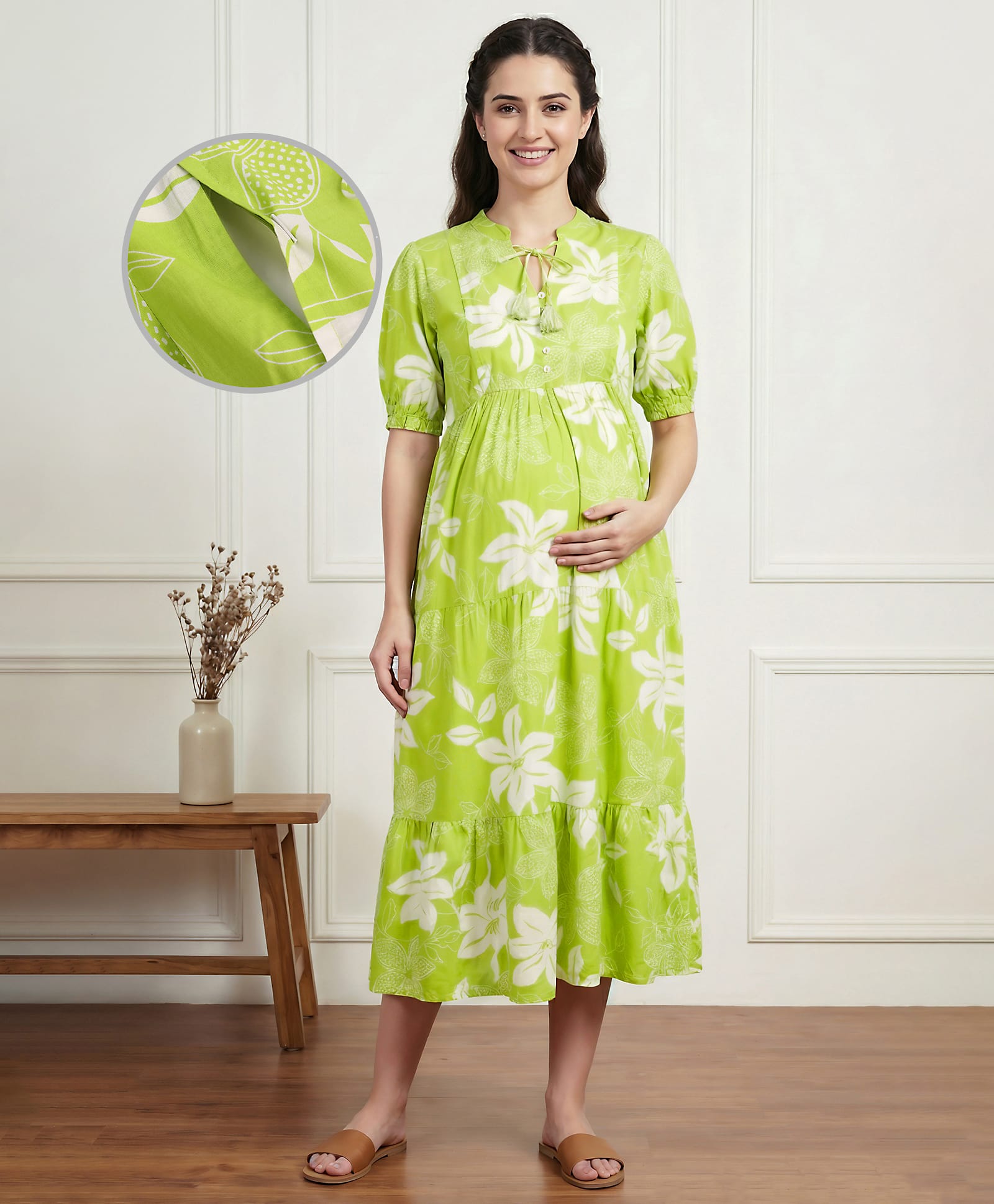 Bella Mama Woven Half Sleeves Tiered Maternity Dress with Floral Print - Light Green
