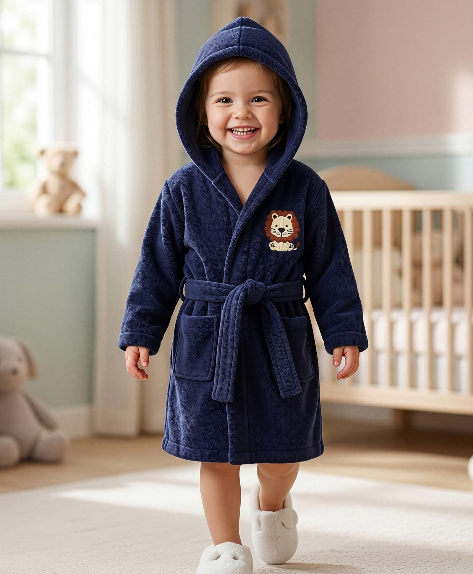 Babyhug Polyester Knit Full Sleeves Terry Bath Robe With Hood & Lion Embroidery - Navy Blue-image-28
