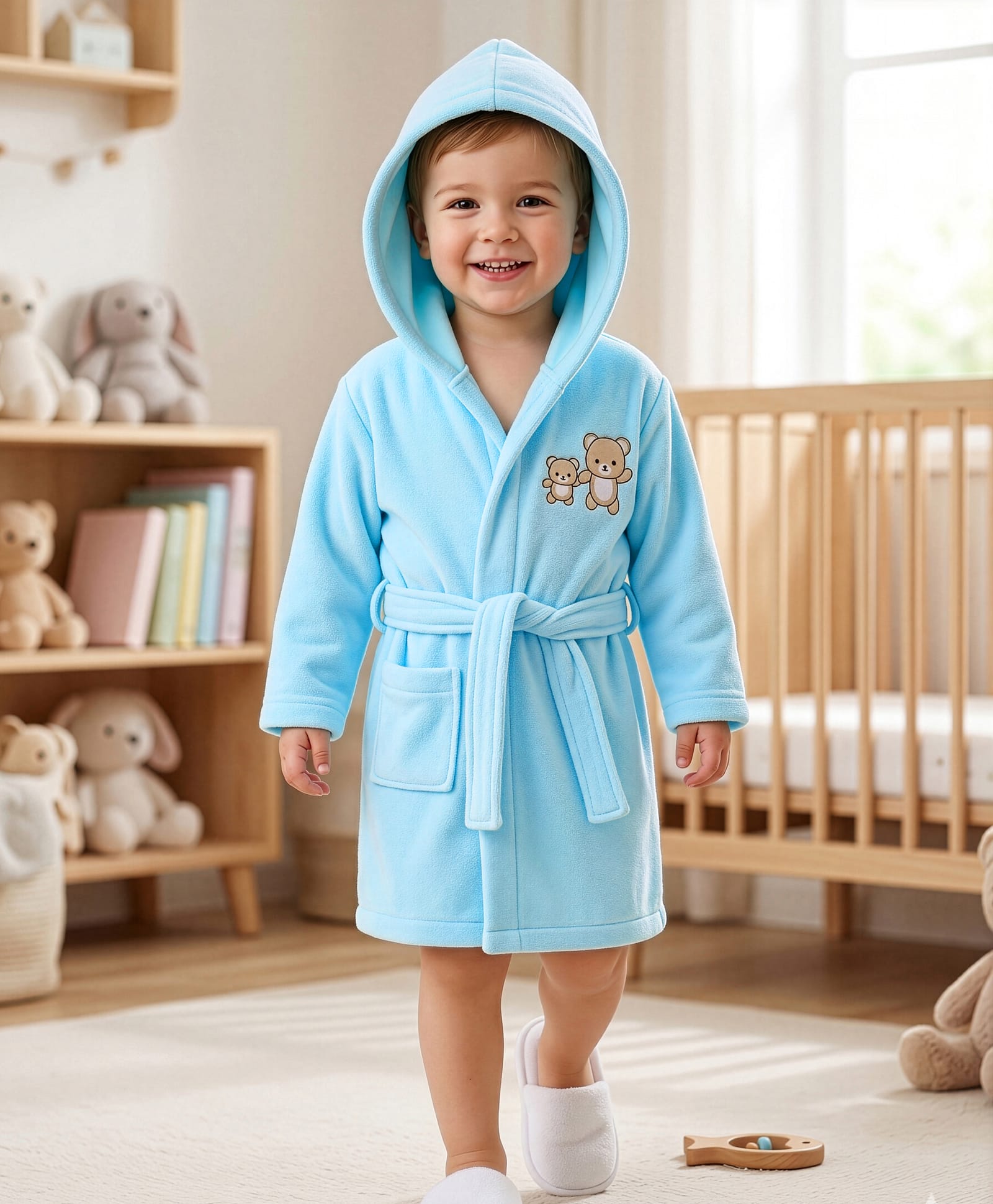 Babyhug Terry Knit Full Sleeves Knit Bath Robe With Hood & Duck Embroidery - Light Blue-image-44