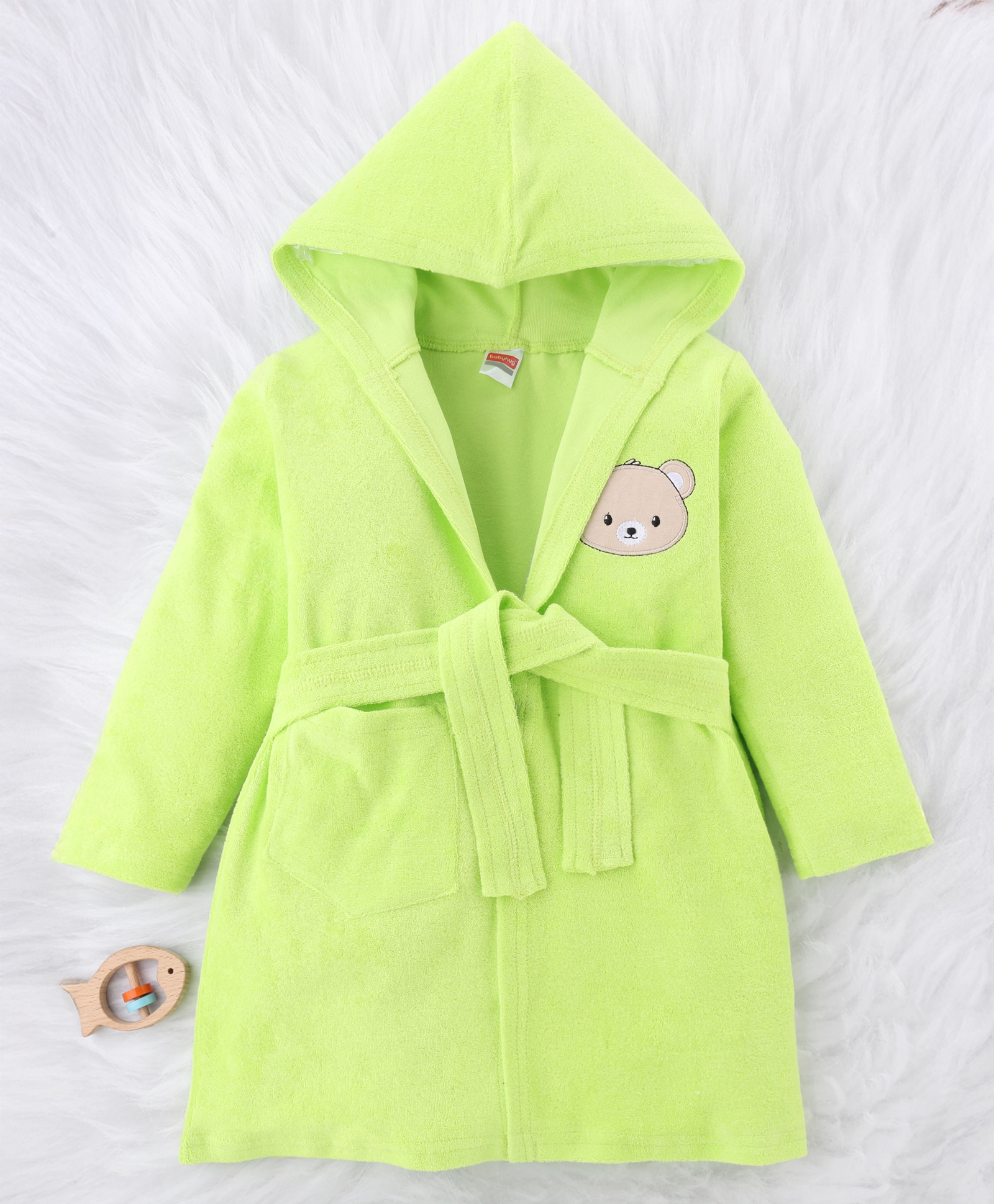 Babyhug Knit Full Sleeves Terry Bath Robe With Hood & Teddy Bear Embroidery - Green