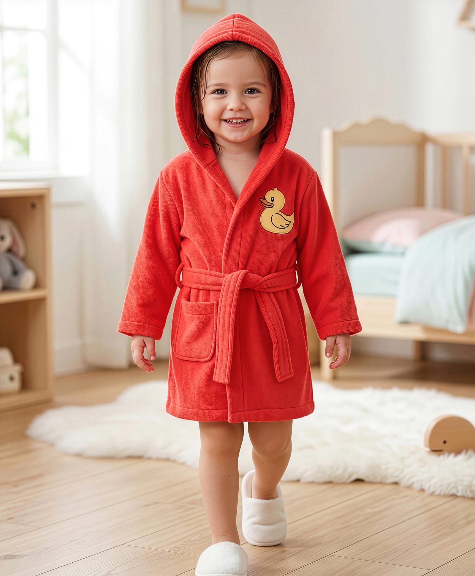 Babyhug Terry Knit Full Sleeves Knit Bath Robe With Hood & Duck Embroidery - Red-image-41