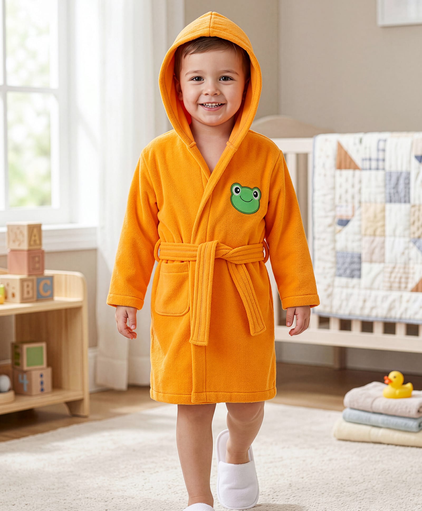 Babyhug Terry Knit Full Sleeves Bath Robe With Hood & Frog Embroidery - Orange-image-14
