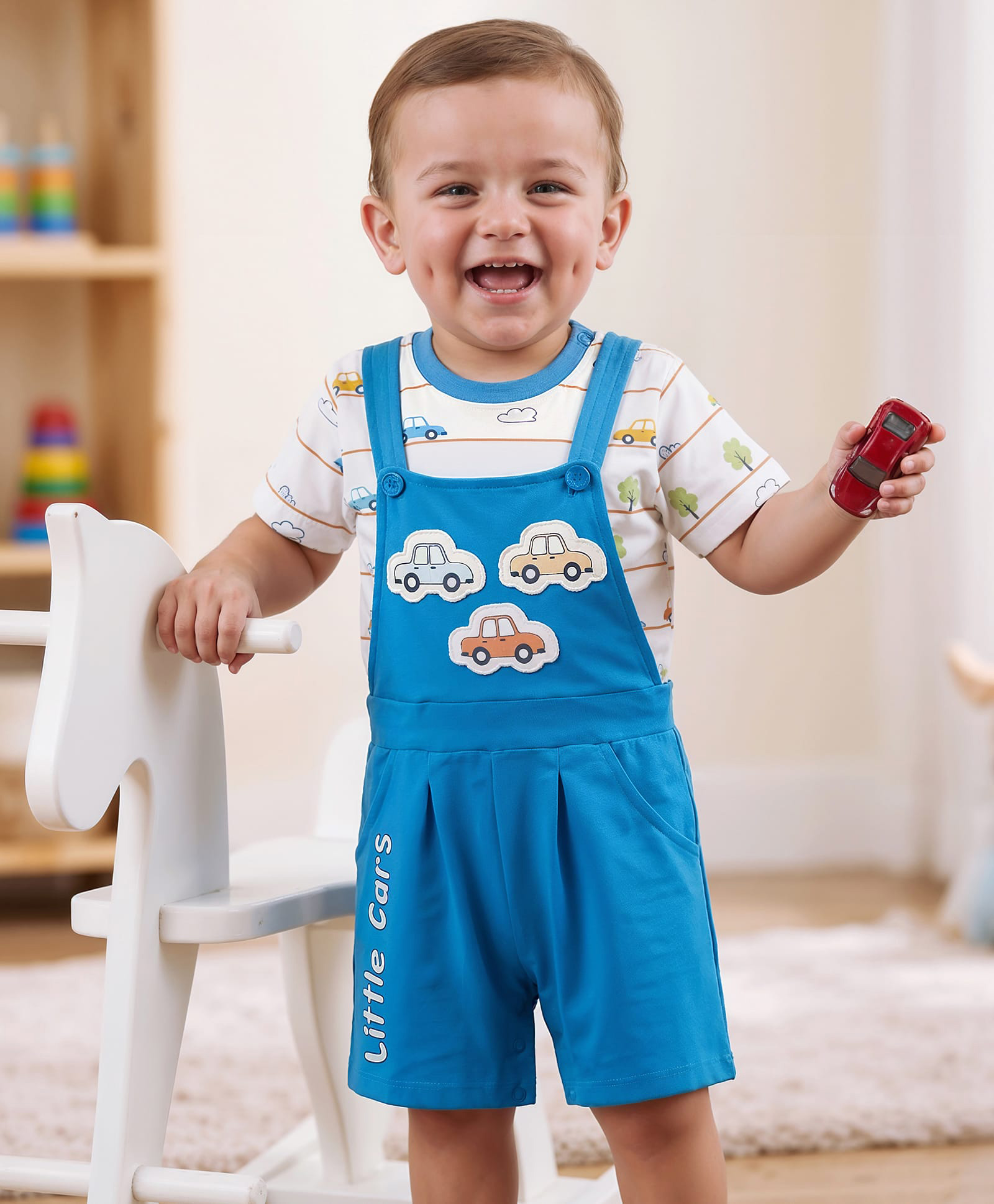 Babyoye 100% Cotton Knit Dungarees & Half Sleeves Striped Tee with Car Print & Patch Detailing - Blue & White-picture-37
