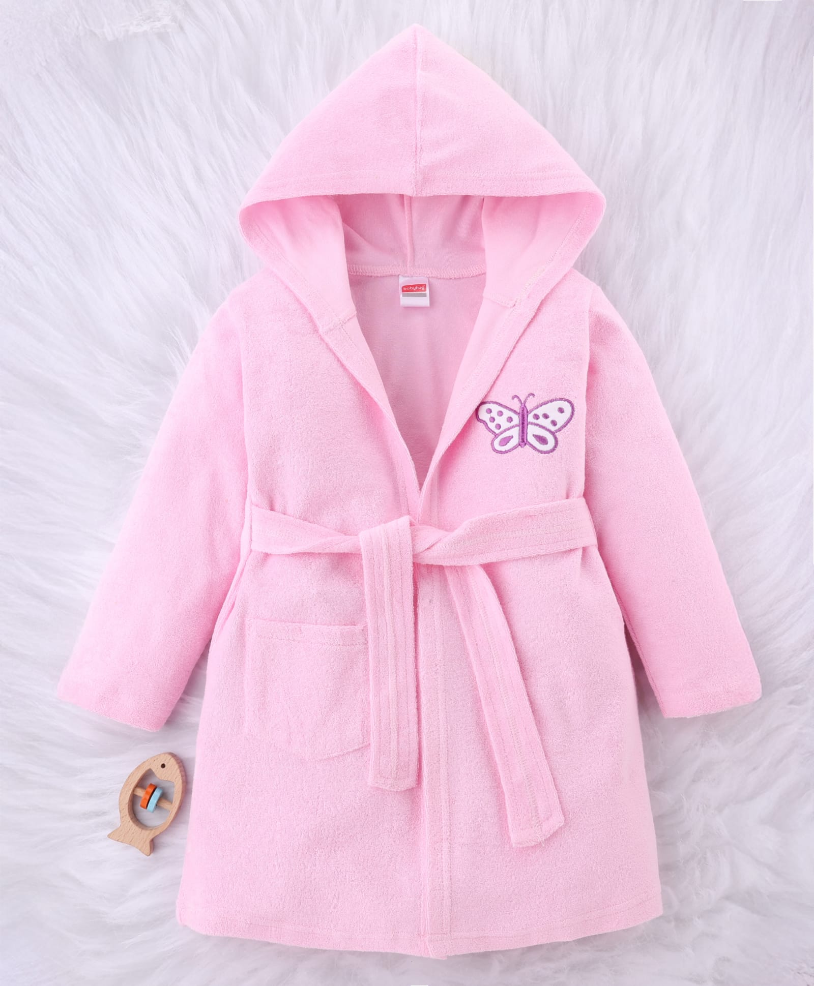 Babyhug Terry Knit Full Sleeves Bath Robe With Hood & Butterfly Embroidery - Pink