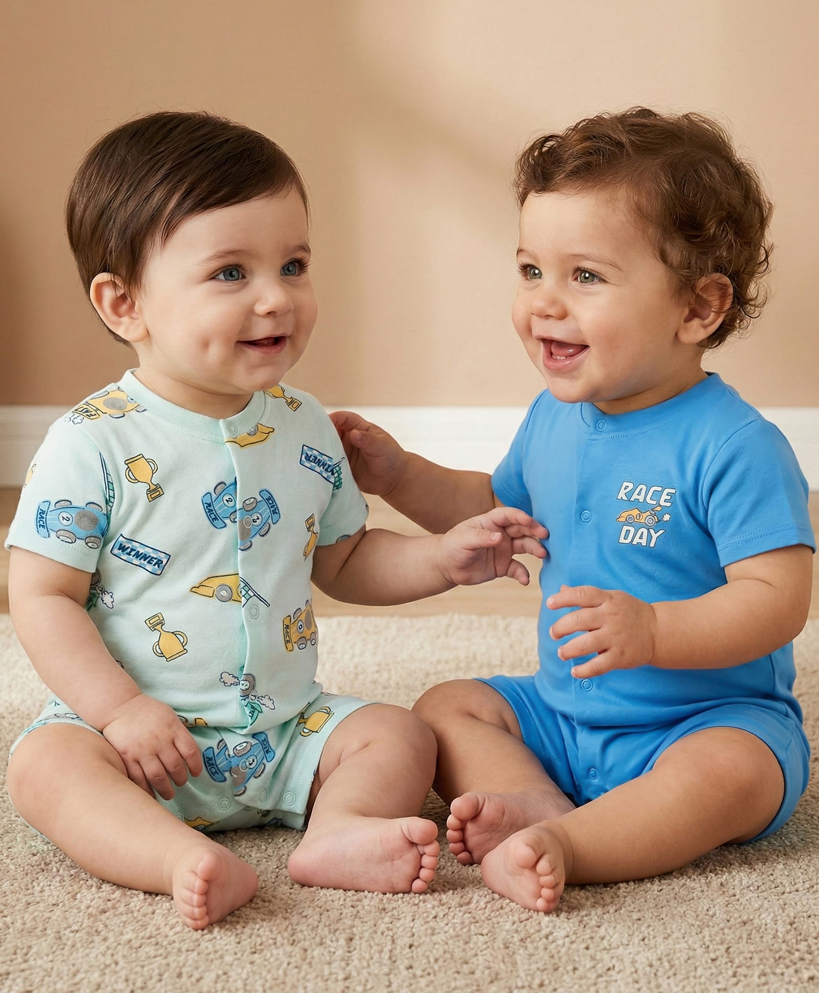 Babyoye 100% Cotton Woven Half Sleeves Rompers With Race Car Print Pack of 2 - Blue-image-17