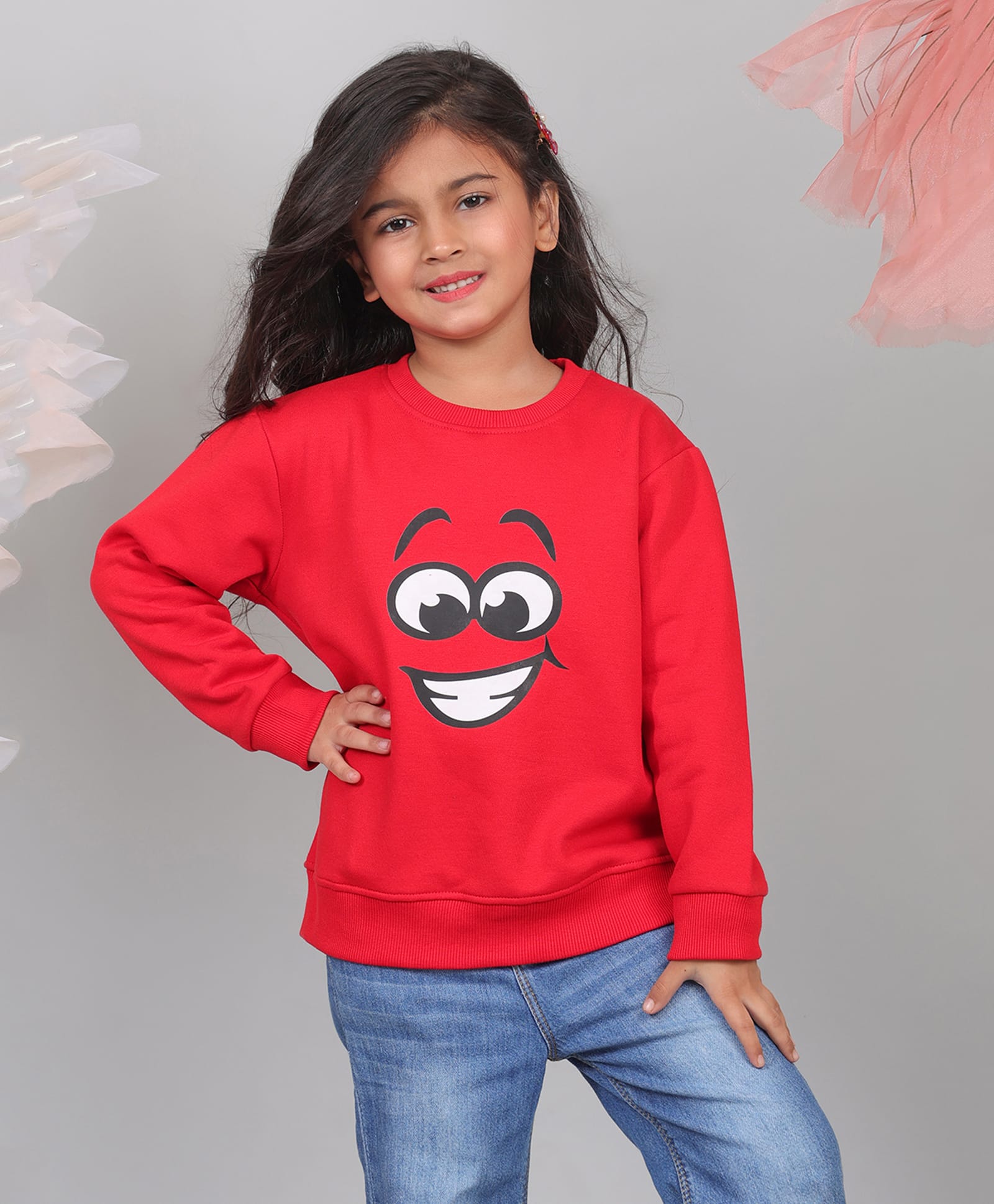 Superminis Cotton Blend Woven Full Sleeves Smiley Printed Pre Winter Sweatshirt - Red-picture-22