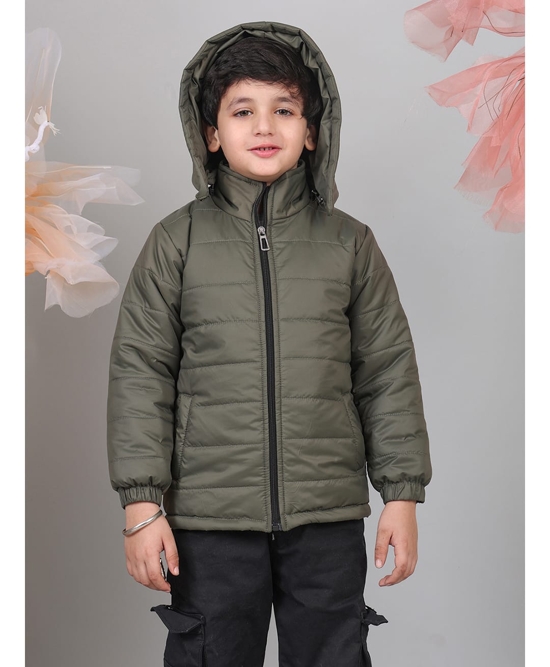 Superminis Woven Full Sleeves Solid Light Winter Padded & Hooded Jacket - Mehandi Green-picture-10