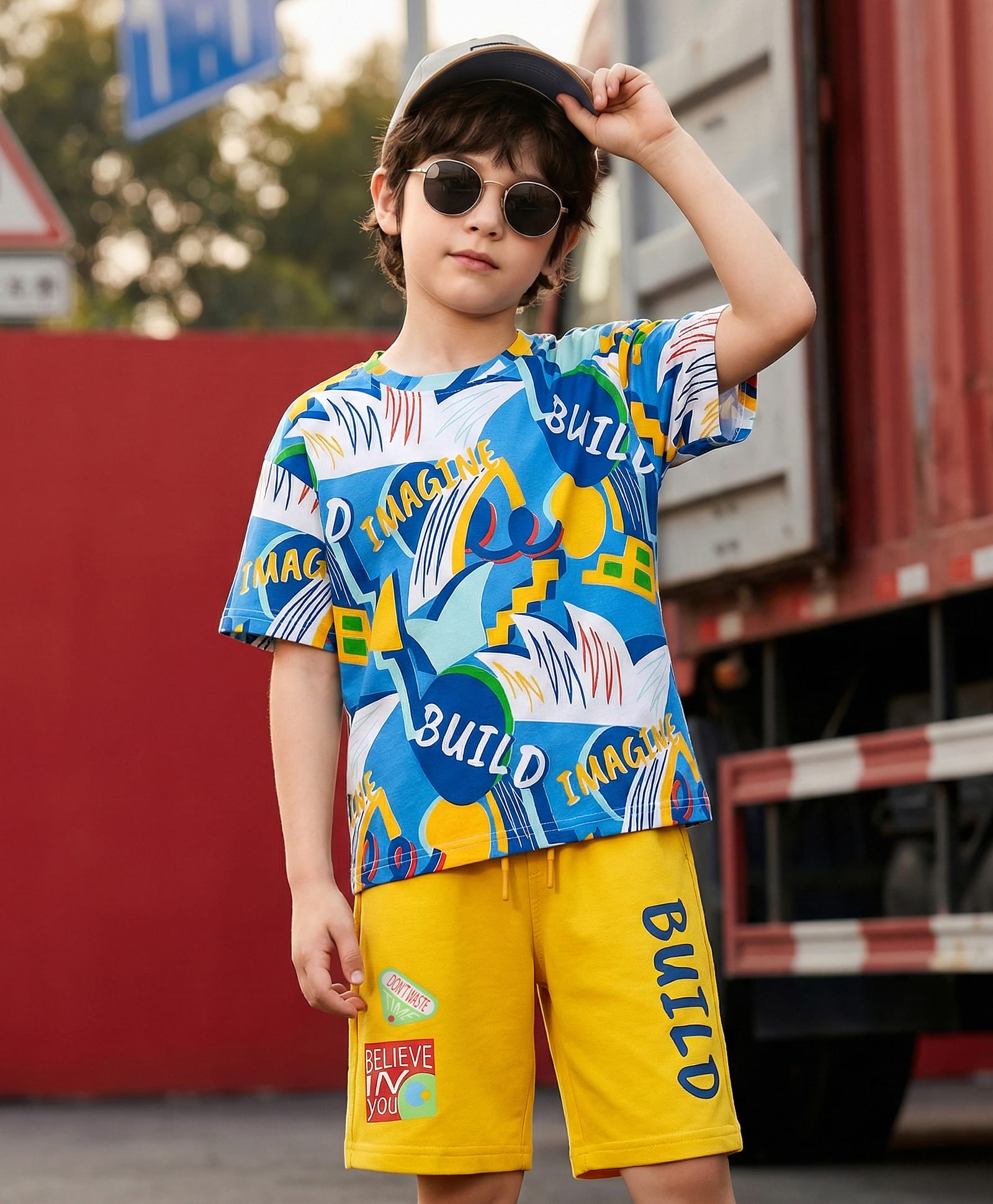OLLINGTON ST. Cotton Knit Half Sleeves Printed T-Shirt & Knit Shorts Set - Multicolor & Yellow-picture-10