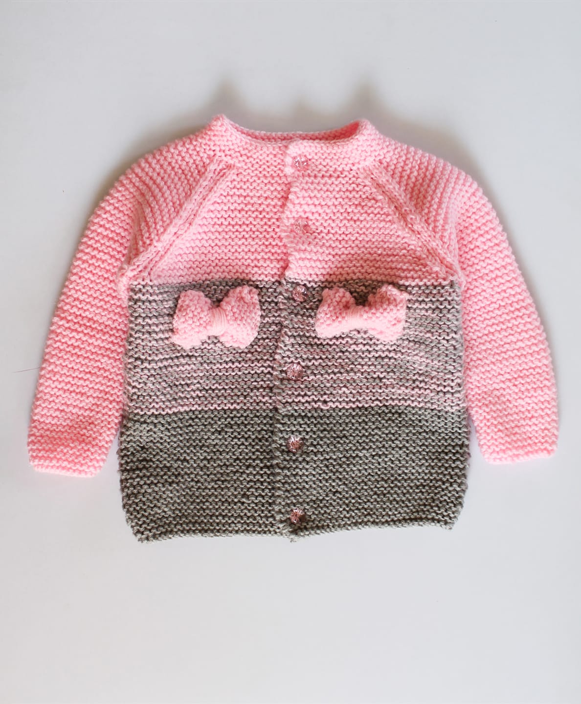 Woonie Handknitted Full Sleeves Colour Blocked Bow Applique Detailed Cardigan - Pink-image-43