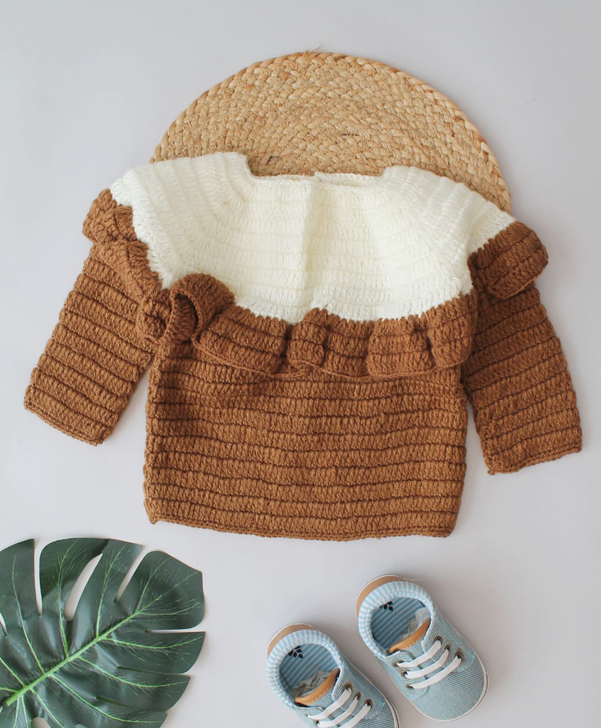 Woonie Handknitted Full Sleeves Colour Blocked Frill Detailed Sweater - Brown-image-34