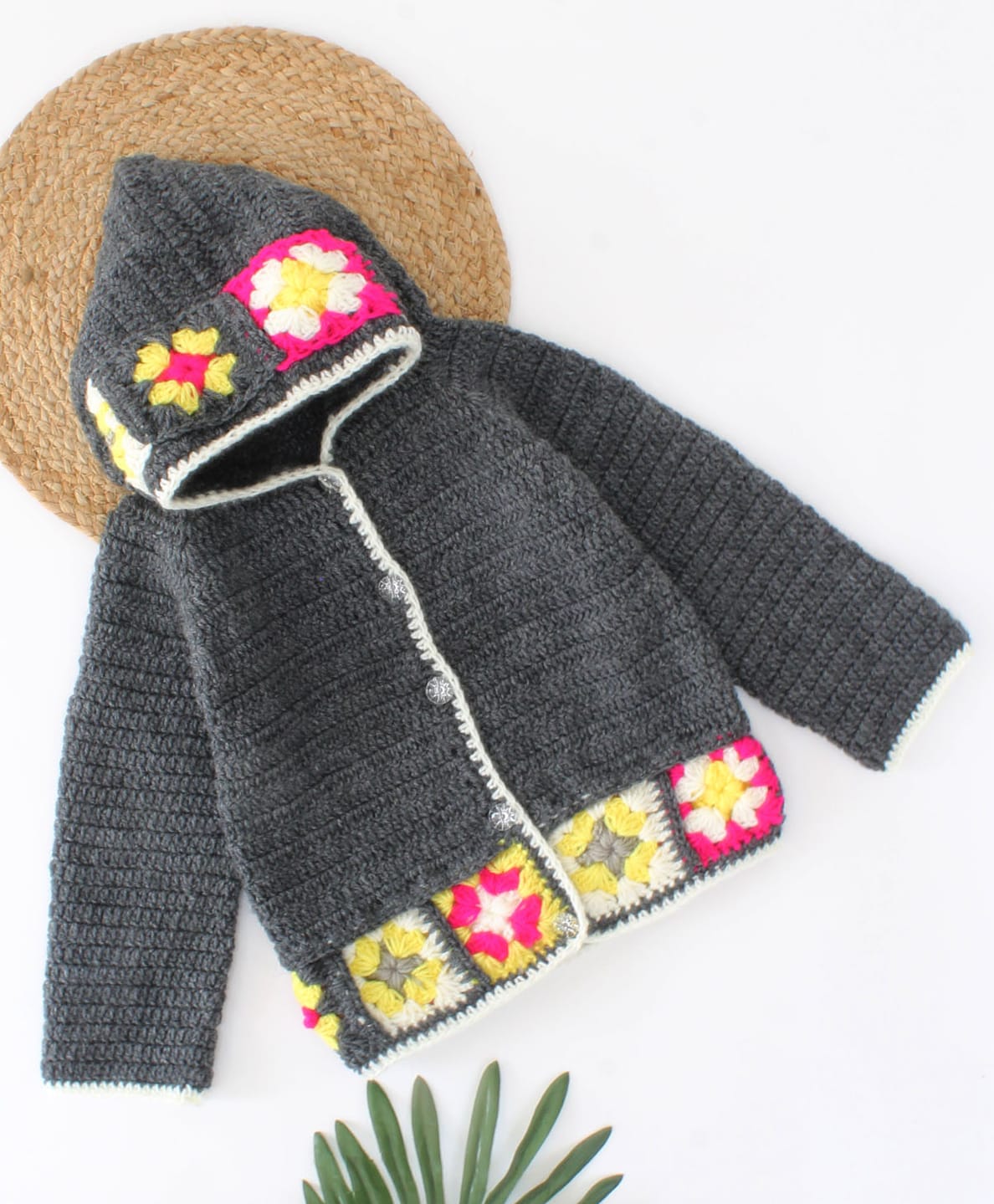 Woonie Handknitted Full Sleeves Floral Designed Hooded Cardigan - Grey-image-4