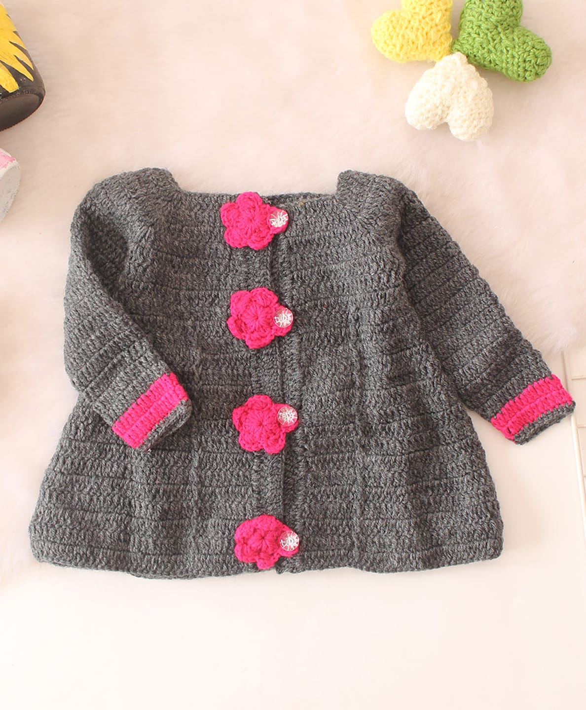 Woonie Hand Knitted Full Sleeves Floral Applique Detailed Cardigan - Grey-image-41