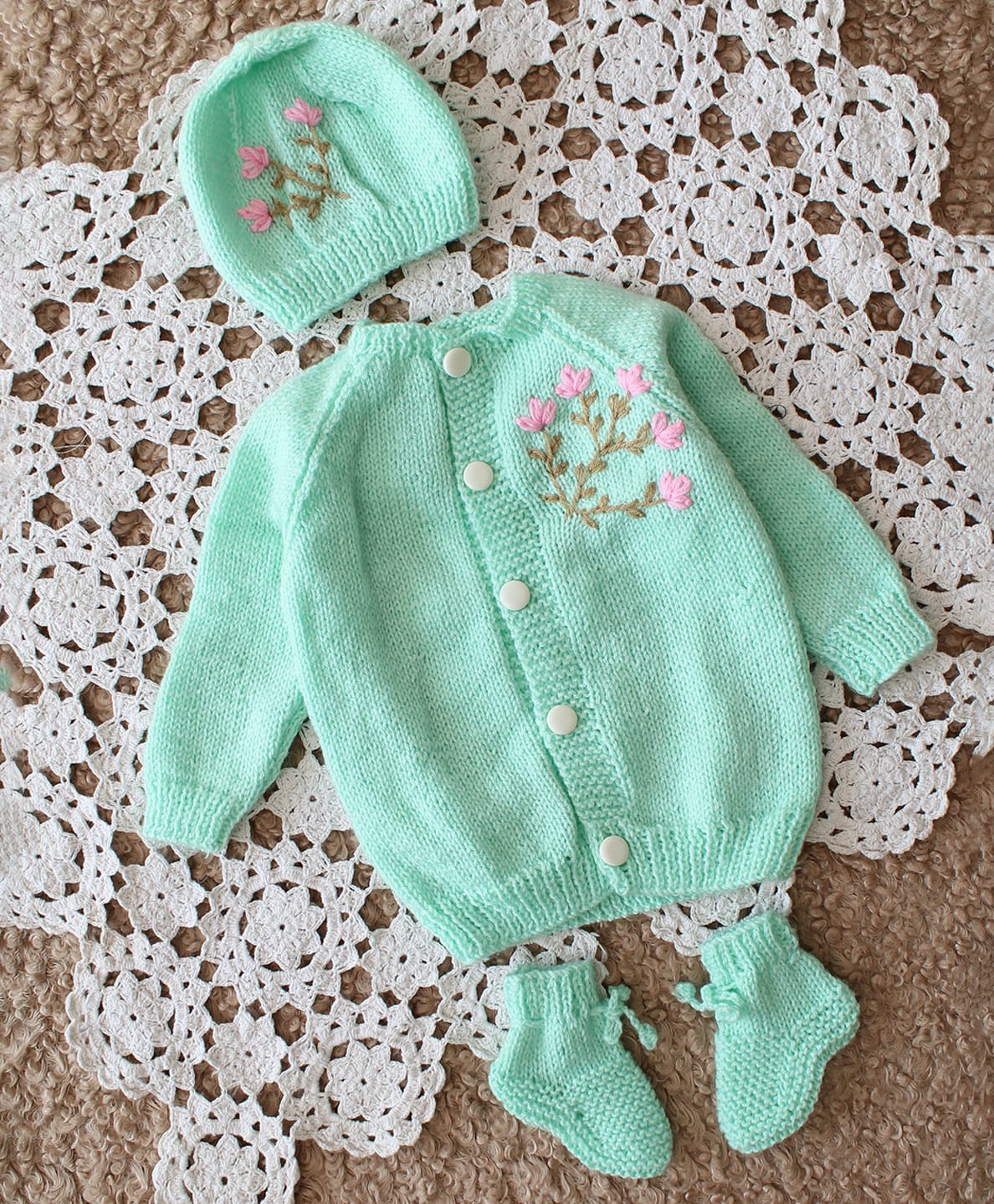 Woonie Hand Knitted Full Sleeves Floral Embroidered Sweater With Cap & Booties Set - Light Green-picture-31