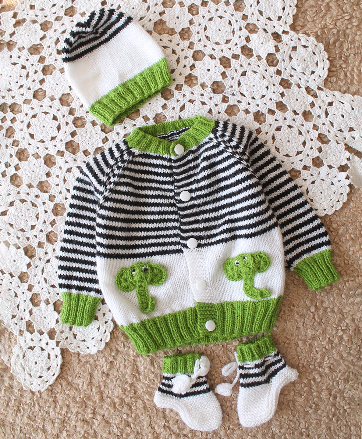 Woonie Hand Knitted Full Sleeves Elephant Embroidered Sweater With Cap & Booties Set - Multi Colour-picture-18