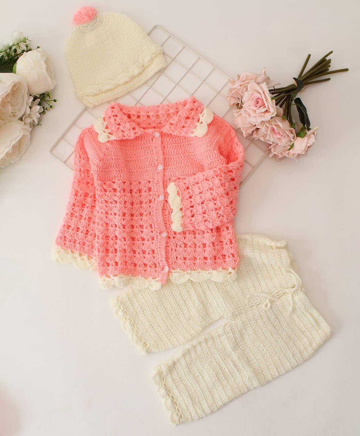 Woonie Handknitted Full Sleeves Cardigan Set With Cap - Peach-image-31