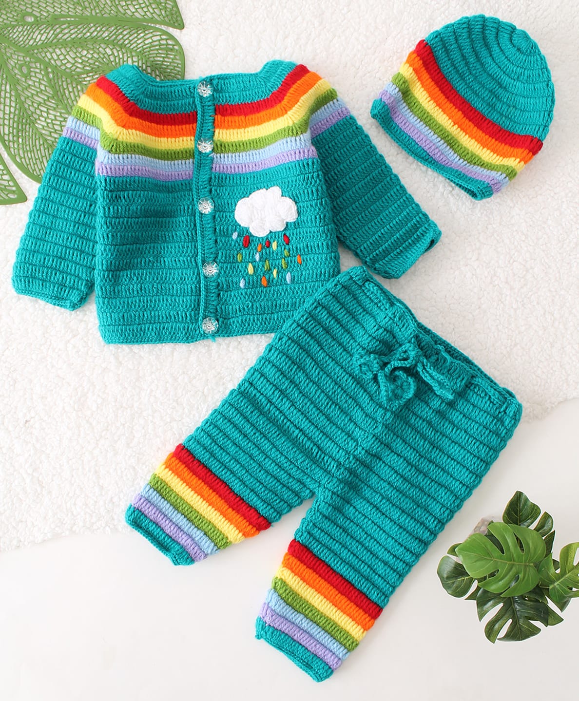 Woonie Handknitted Full Sleeves Cloud Designed Cardigan Set With Cap - Green-image-10