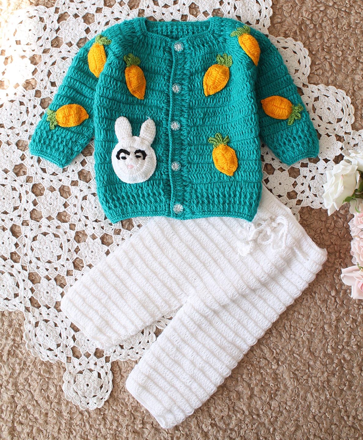 Woonie Handknitted Full Sleeves Carrot And Rabbit Applique Detailed Cardigan Set - Green-image-24