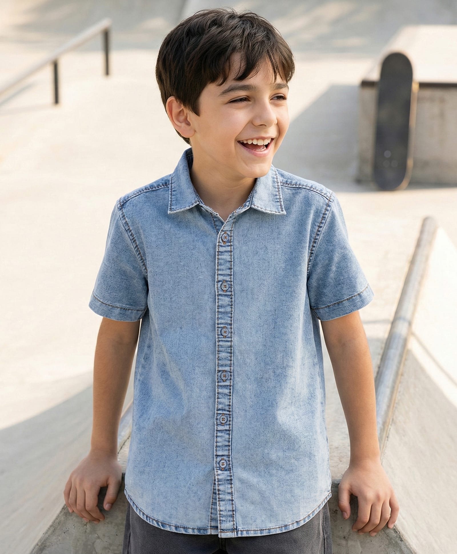 Pine Kids Denim Woven Half Sleeves Solid Color Shirt - Light Blue-picture-19
