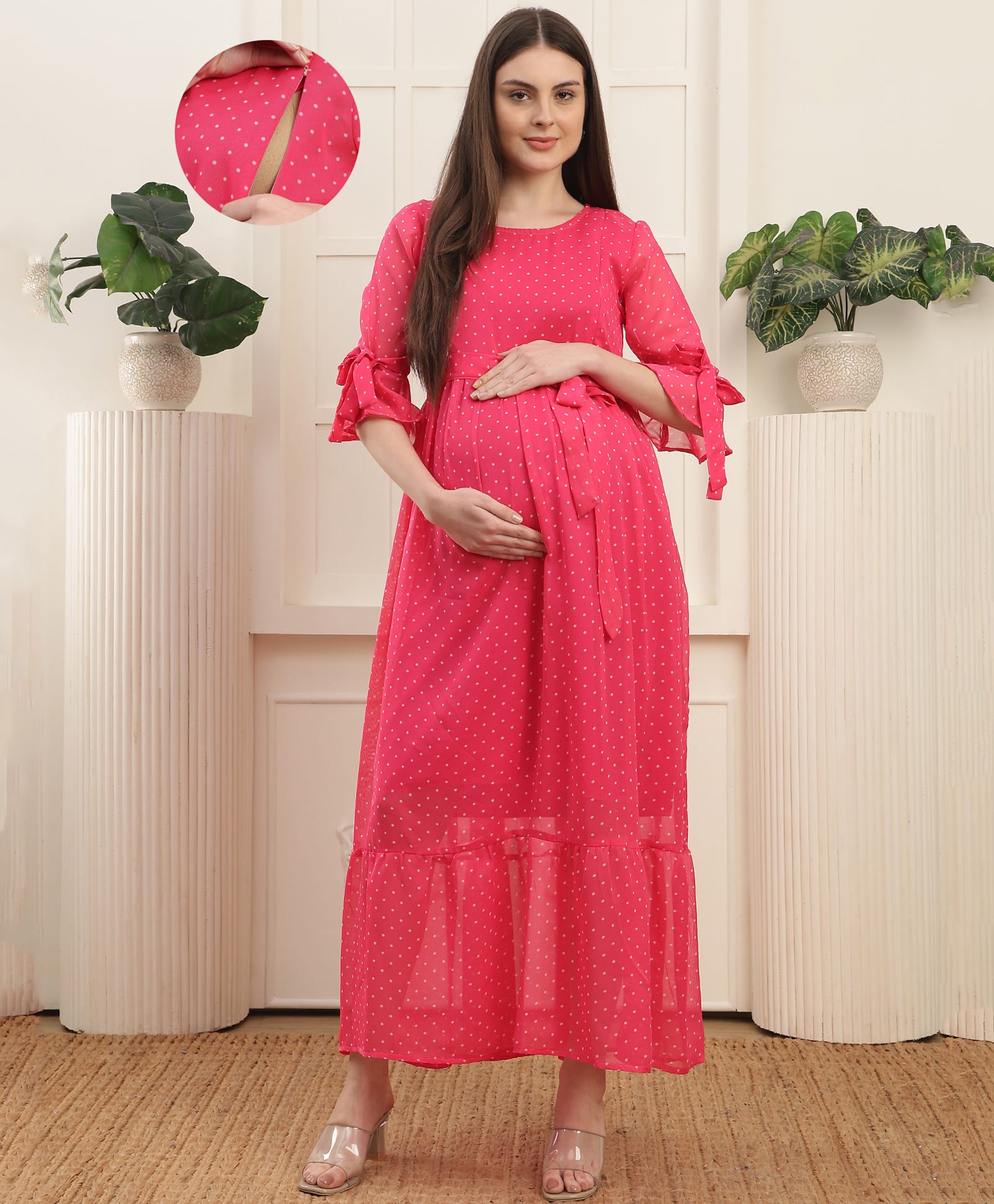 Moms Maternity Georgette Woven Polka Dots Printed Maternity Maxi Dress With Side Zipper Nursing Access - Pink-image-5