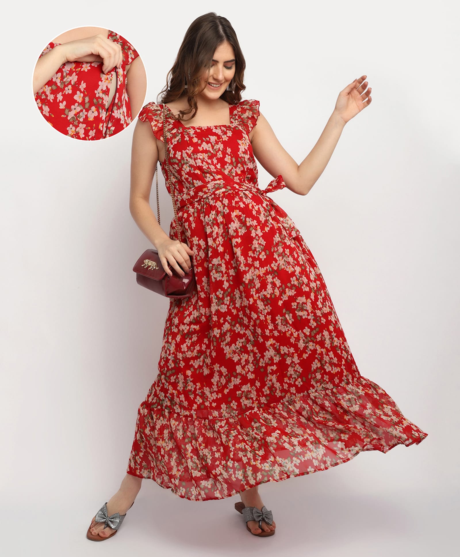Moms Maternity Georgette Woven Frill Sleeves Floral Printed Maternity Dress With Side Zipper Nursing Access - Red-image-46